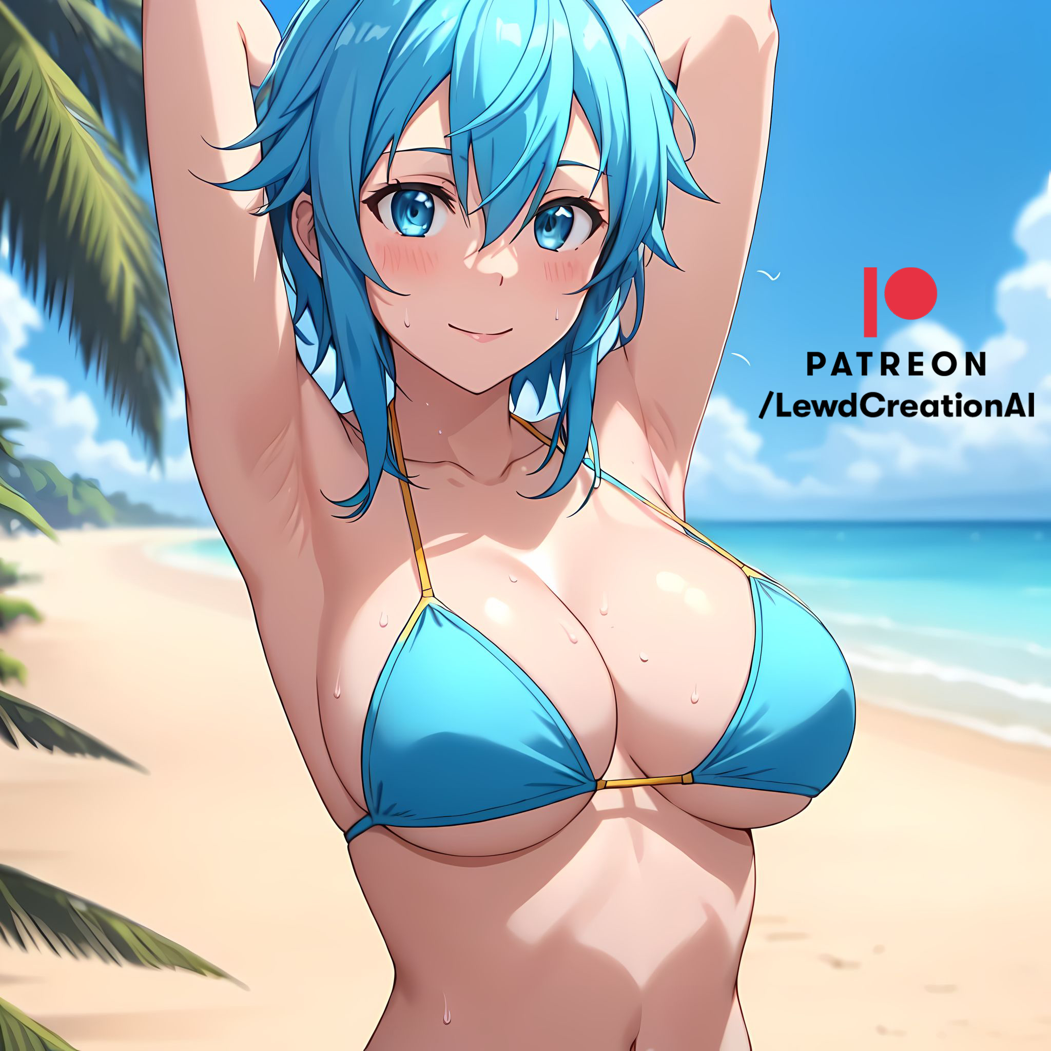 ai generated, armpit, armpit crease, armpit fetish, armpit peek, arms behind head, arms up, asada shino, big breasts, bikini, bikini top, blue eyes, blue hair, blush, blush lines, breasts, female, fetish, from below, gun gale online, huge breasts, lewdcreationsai, looking at viewer, navel, sinon, smile, smirk, string bikini, sword art online