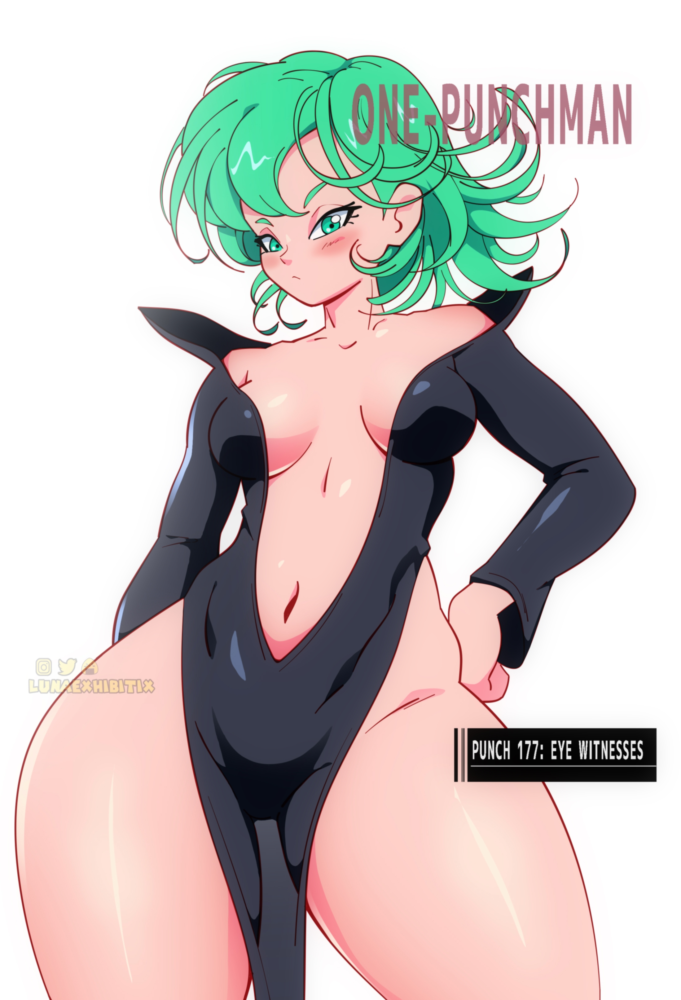 1girls, breasts, female, female only, green eyes, green hair, hand on hip, looking at viewer, lunaexhabbitix, medium breasts, one-punch man, solo, tatsumaki, thick thighs, thighs, white background, wide hips