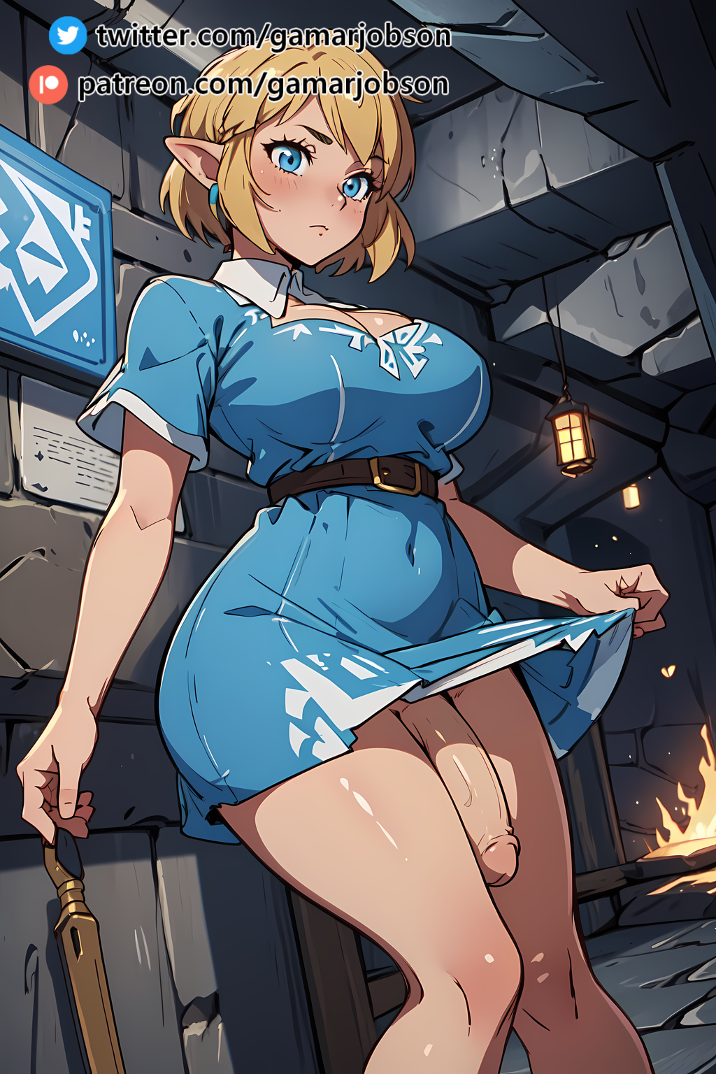 1futa ai_generated blonde_hair blue_dress breasts elf elf_ears futanari gamarjobson large_penis link link_(breath_of_the_wild) the_legend_of_zelda