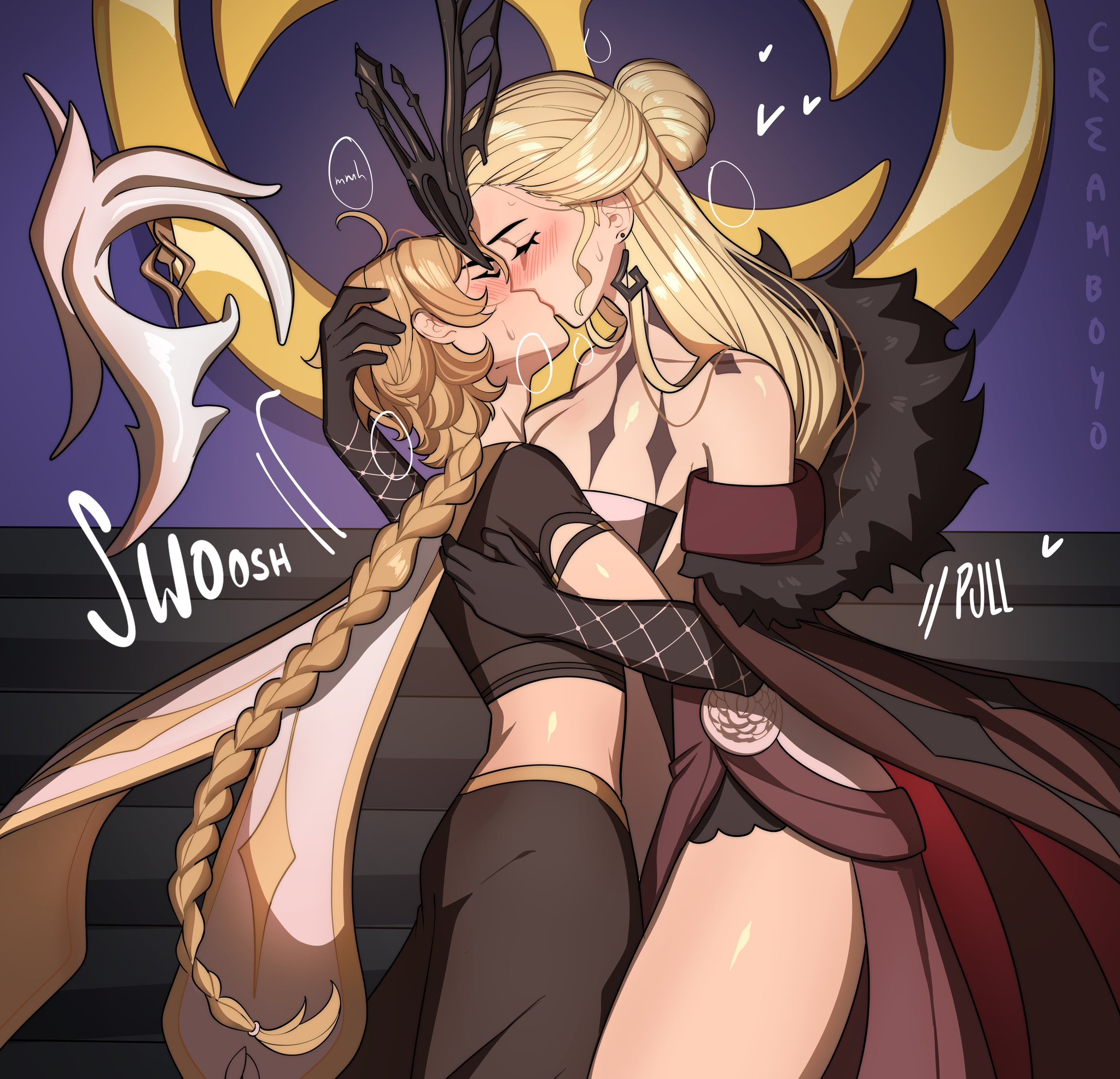 1boy, 1girls, aether (genshin impact), blonde hair, blush, braid, closed eyes, creamboyo, female, genshin impact, heart, height difference, hi res, hugging, kissing, long hair, male, shorter male, signora (genshin impact), taller female, tied hair, wholesome