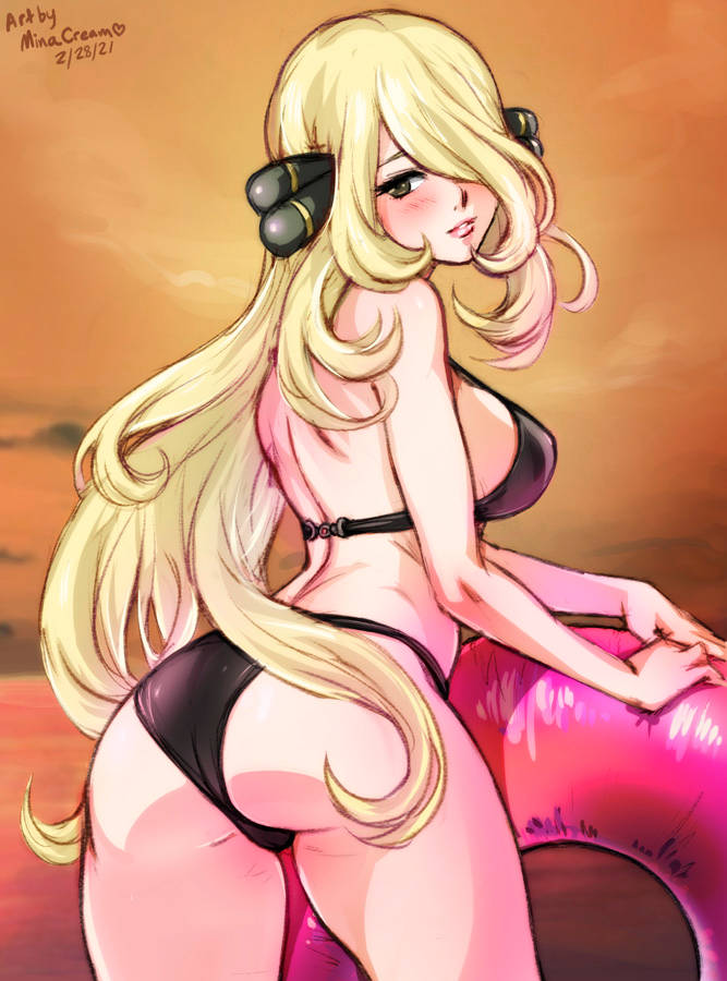 1girls ass beach bikini black_bikini black_eyes black_swimsuit blonde_hair breasts clouds cynthia_(pokemon) female female_only hair_ornament hair_over_one_eye innertube large_breasts long_hair looking_at_viewer looking_back minacream nintendo outside pokemon pokemon_dppt sideboob sky solo sunset swimsuit water