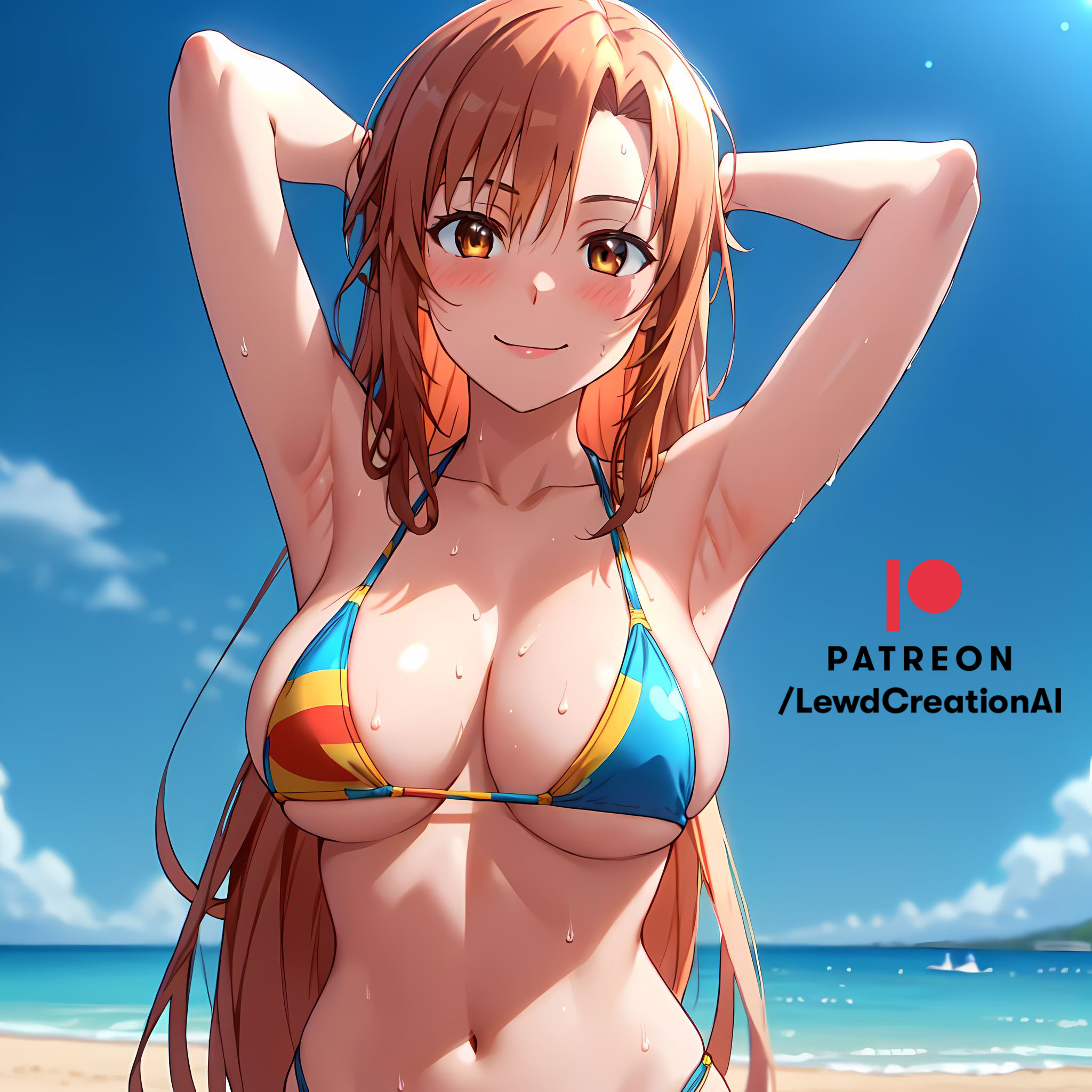ai generated, armpit, armpit crease, armpit fetish, armpit peek, arms behind head, arms up, big breasts, bikini, bikini top, blush, blush lines, breasts, brown eyes, female, fetish, from below, huge breasts, lewdcreationsai, looking at viewer, navel, orange hair, smile, smirk, string bikini, sword art online, yuuki asuna