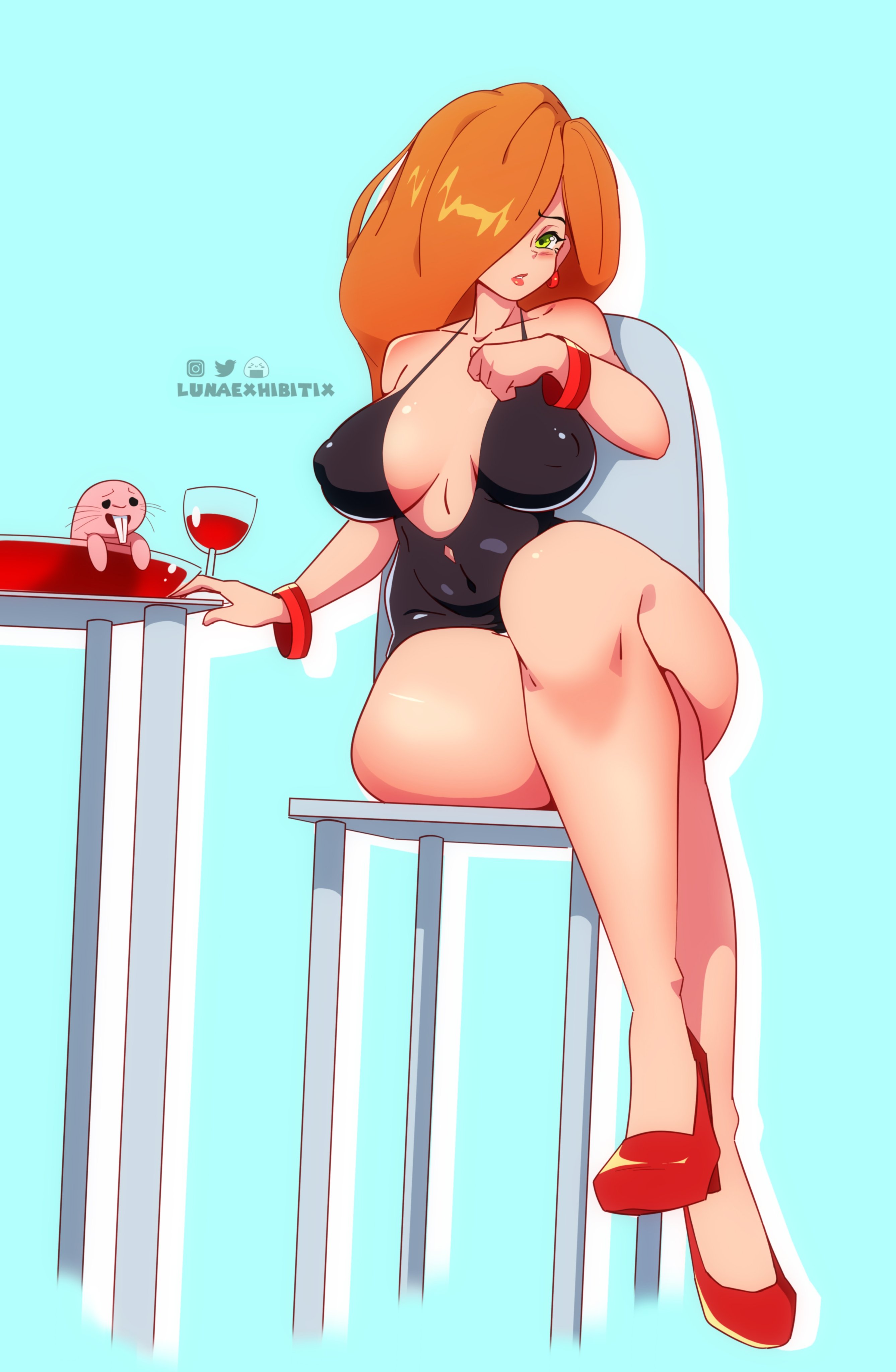 1animal, 1girls, absurd res, aged up, black dress, breasts, cleavage, crossed legs, disney, disney channel, dress, female, female focus, green eyes, hair over one eye, heels, hi res, kim possible, kimberly ann possible, large breasts, little black dress, looking at viewer, lunaexhabbitix, orange hair, rufus (kim possible), thighs, wide hips