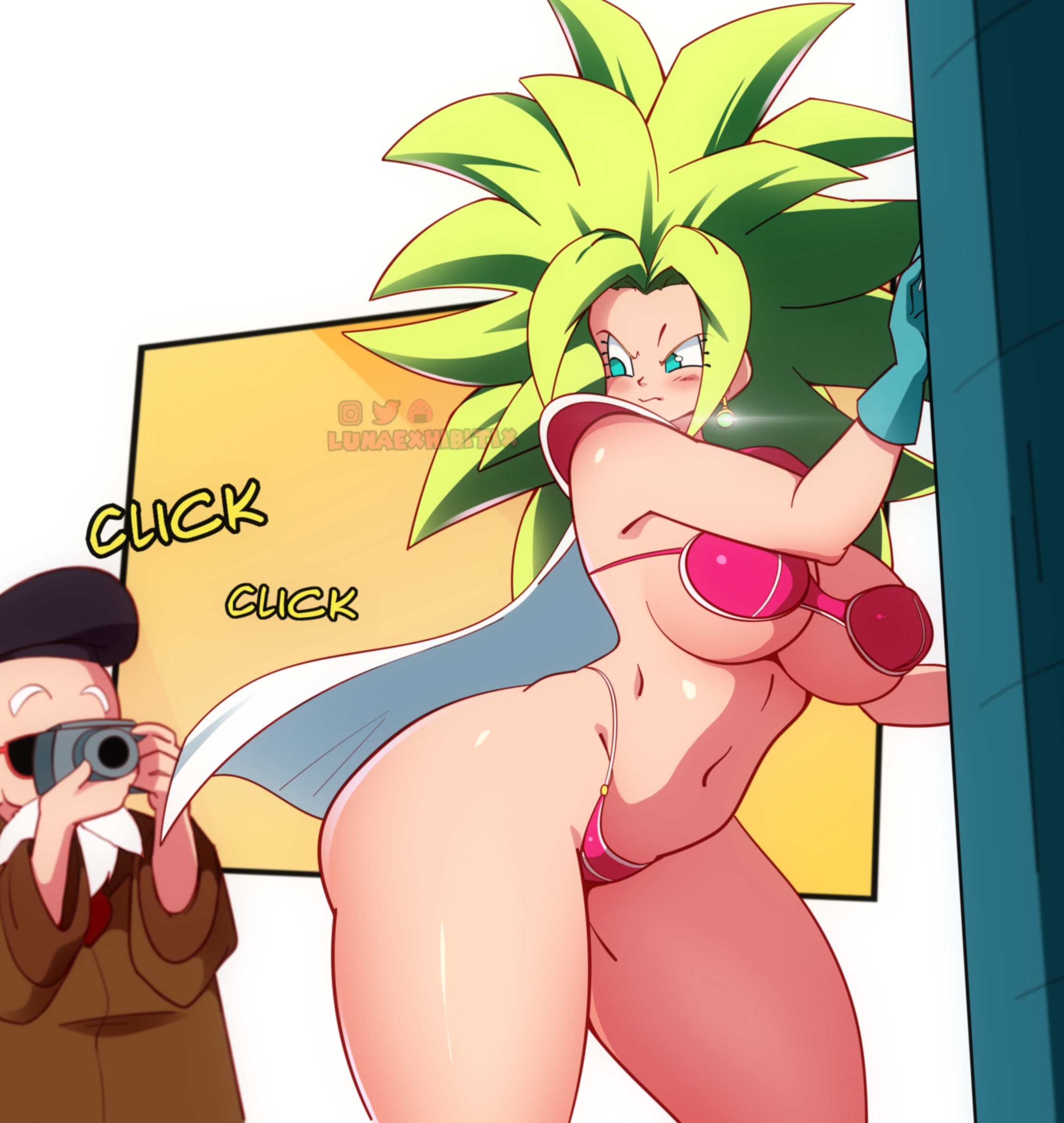1boy, 1girls, ass, breasts, camera, cape, cleavage, dragon ball, dragon ball super, dragon ball z, embarrassed, female, female focus, gloves, green hair, kefla, large breasts, looking back, lunaexhabbitix, male, master roshi, pose, thick thighs, thighs, wide hips