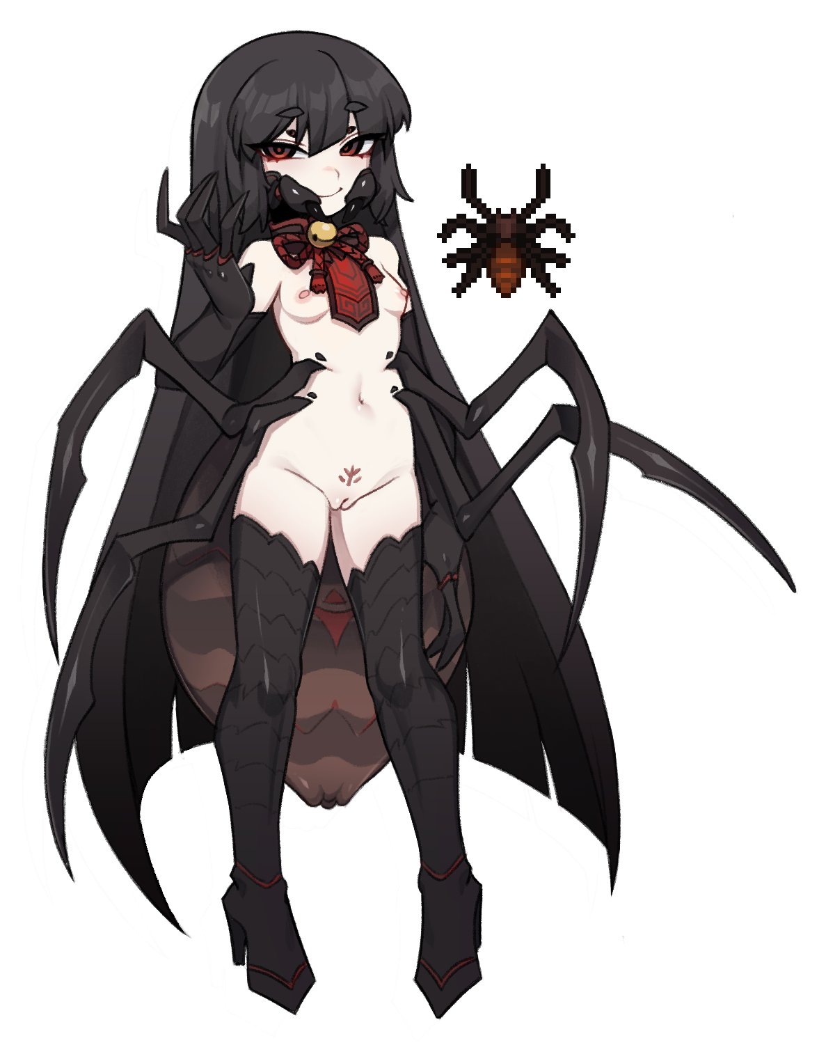 abdomen arthropod_girl black_footwear black_hair black_recluse_(terraria) boots breasts bug claws english_commentary female female_pubic_hair hair_between_eyes highres long_hair looking_at_viewer monster_girl navel nipples nyong_nyong pale_skin personification petite pubic_hair pussy red_eyes reference_inset simple_background small_breasts spider spider_girl terraria thigh_boots topless very_long_hair white_background