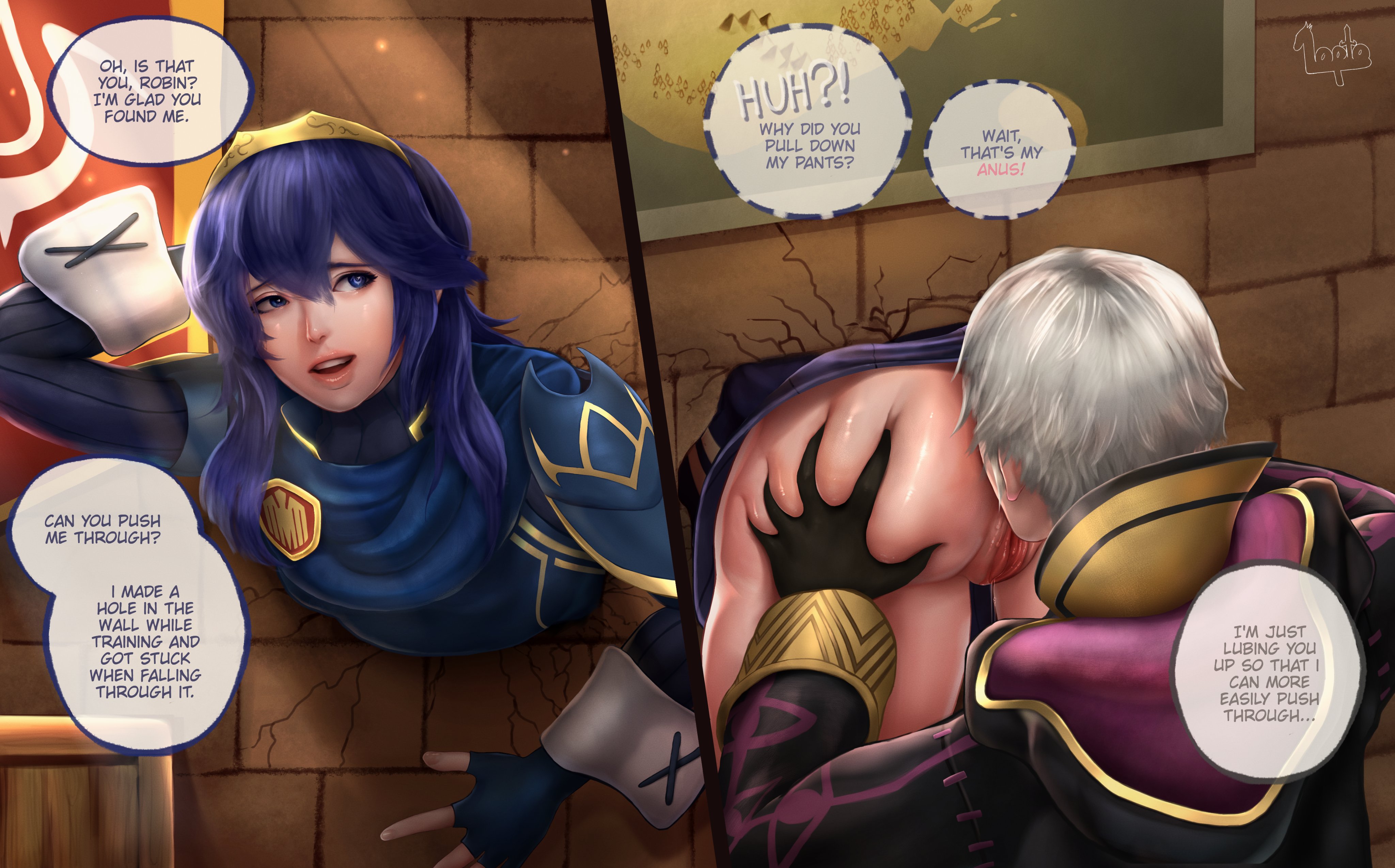 1boy, 1girls, anal, anilingus, ass, ass grab, blue eyes, blue hair, bottomless, dialogue, english text, female, female focus, fire emblem, fire emblem awakening, glory hole, glory wall, large ass, large butt, long hair, lopto, lucina (fire emblem), male, nintendo, pussy, robin (fire emblem), robin (fire emblem) (male), stuck in wall, text, thick thighs, tiara, unseen male face