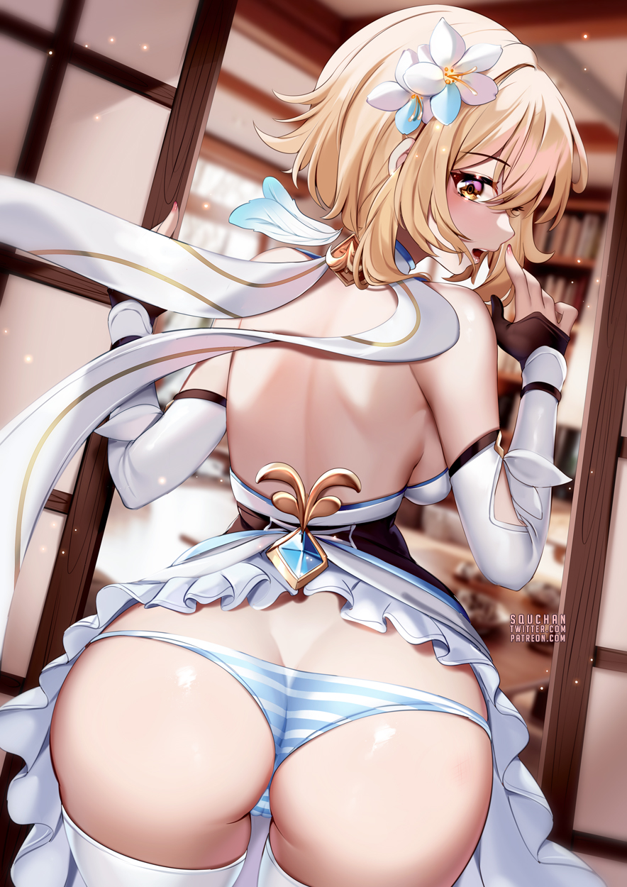 1girls, ass, blonde hair, breasts, female, genshin impact, gold eyes, large ass, light skin, light-skinned female, lumine (genshin impact), panties, short hair, squchan, thighs