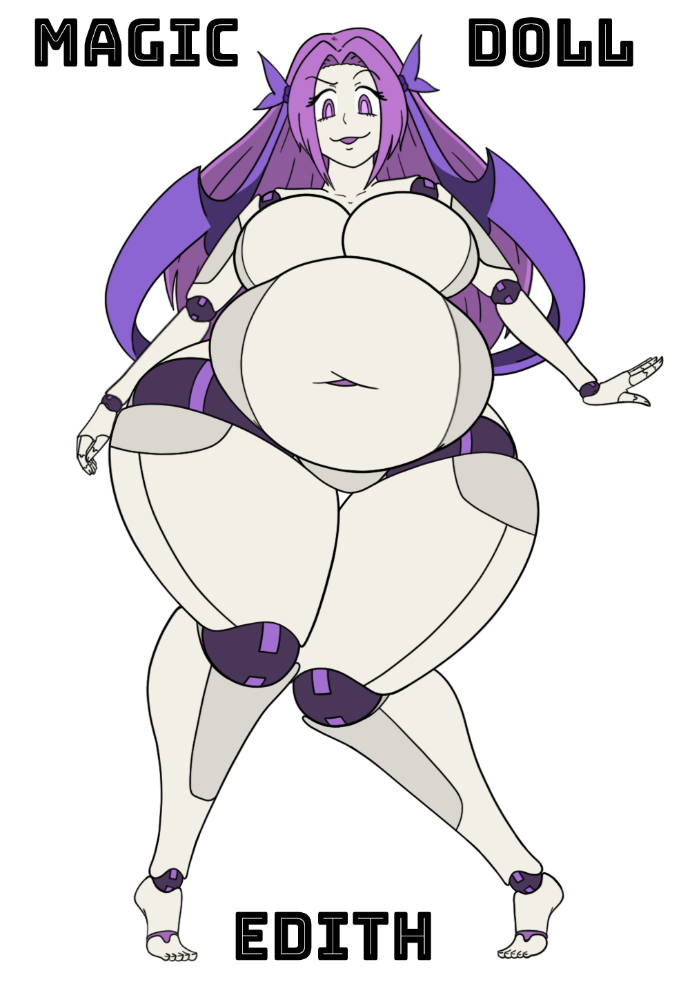 1girls android big_breasts chubby chubby_female doll_joints edith_(lordofgee) genpis_chong lordofgee no_areola no_nipples no_pussy purple_eyes purple_hair robot robot_girl smooth_skin smug_face tagme white_skin wide_hips