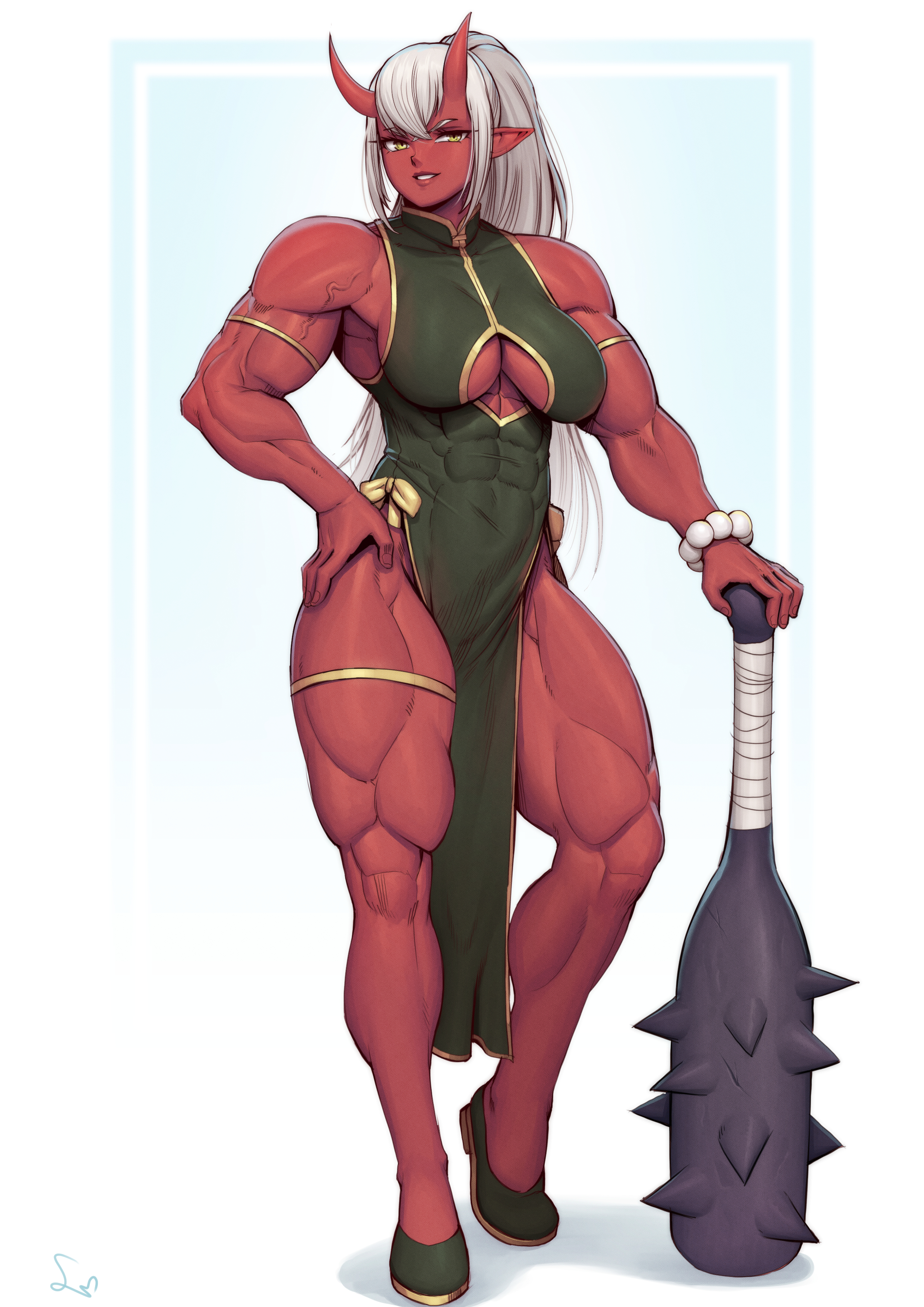 1girls, abs, abs visible through clothing, absurd res, biceps, cleavage, cleavage cutout, colored skin, commission, female, flats, full body, hand on hip, hi res, holding object, kanabou, looking at viewer, muscular, muscular arms, muscular female, muscular legs, oni, oni horns, original, original character, parted lips, pointy ears, ponytail, qipao, red skin, sidelocks, signature, simple background, smile, solo, speedl00ver, standing, thick thighs, veins, weapon, white background, white hair, yellow eyes, youkai