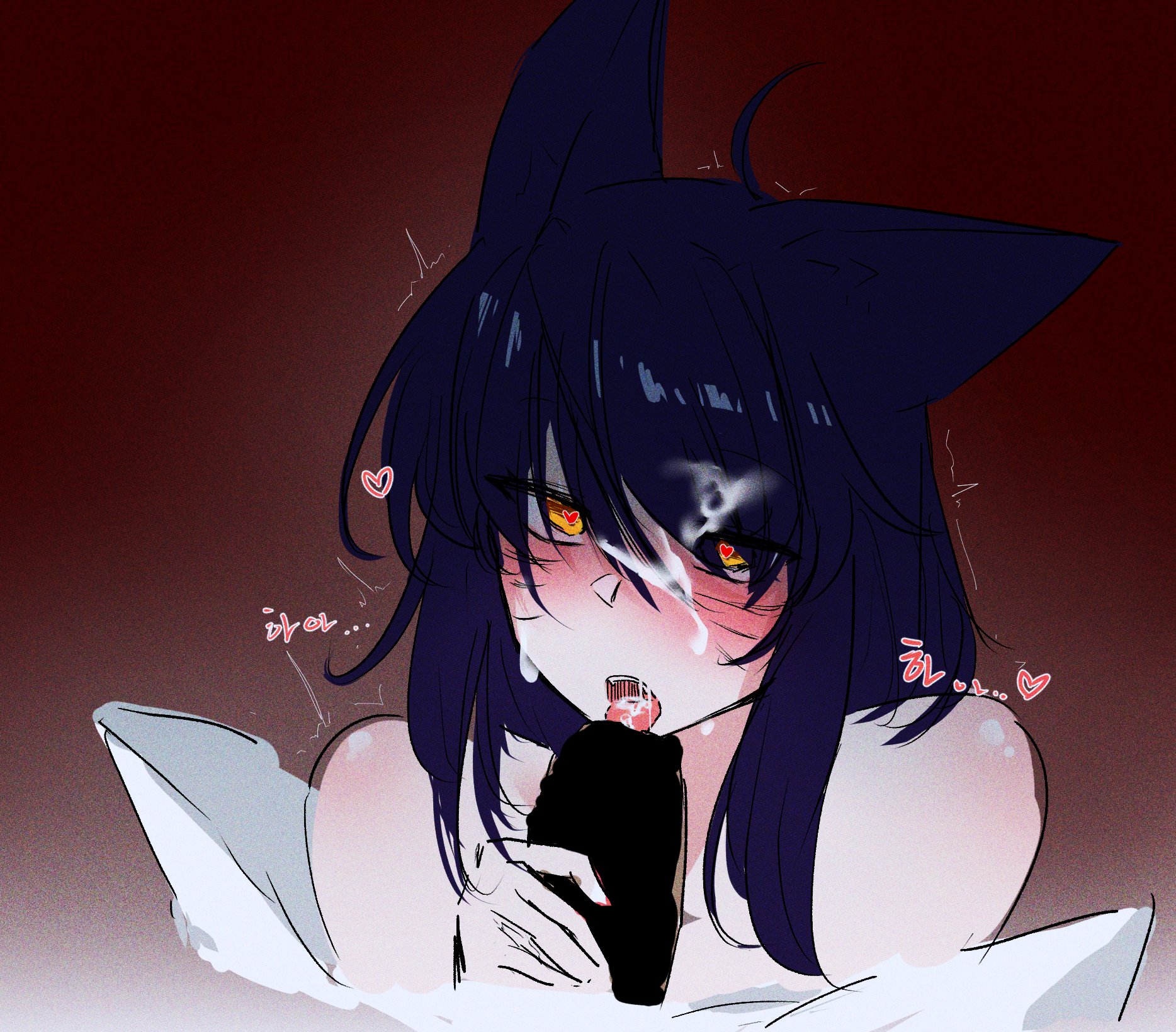 9 tails, ahri, blowjob, blush, censored penis, cum, cum in mouth, cum on face, fellatio, female, fox ears, fox girl, heart, heart-shaped pupils, in heat, kitsune, league of legends, licking, licking penis, male, multi tail, nine tailed fox, open mouth, oral, penis, simple background, tagme, vastaya, yasu1