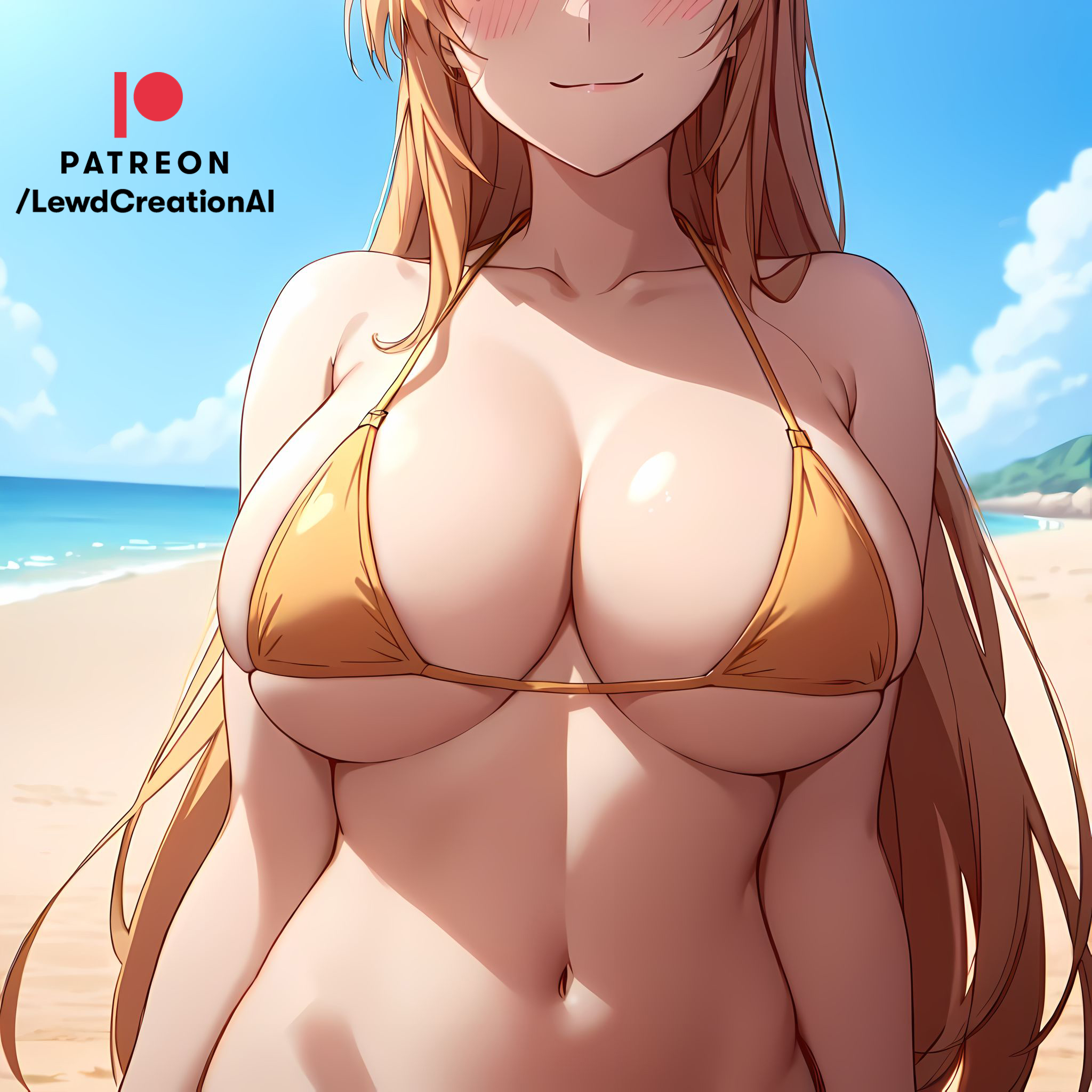 ai generated, beach, big breasts, bikini, bikini top, blush, blush lines, breasts, dominant, dominant female, face out of frame, female, from below, huge breasts, lewdcreationsai, looking at viewer, navel, orange hair, out of frame, outdoors, smile, smirk, smirking, smirking at viewer, squeezing, squeezing breast, sword art online, yuuki asuna