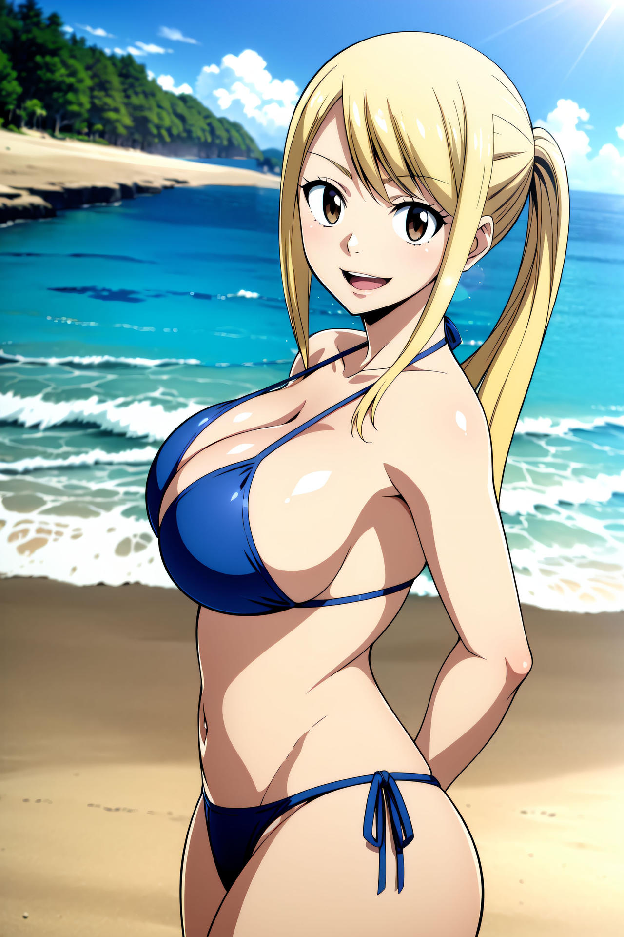1girls, ai generated, arms behind back, ass, beach, big ass, big breasts, bikini, blonde hair, breasts, brown eyes, busty, fairy tail, female, female only, from side, large breasts, long hair, looking at viewer, lucy heartfilia, navel, ponytail, sensual, sideboob, smile, solo, thick, thick thighs