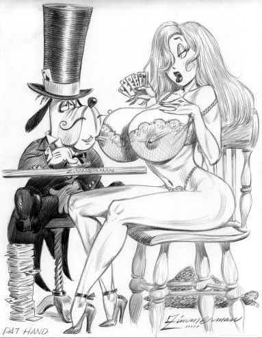 2005 bra breasts disney dress_removed droopy erect_nipples female high_heels jessica_rabbit julius_zimmerman nipples off_shoulder panties poker see-through_bra strip_poker who_framed_roger_rabbit