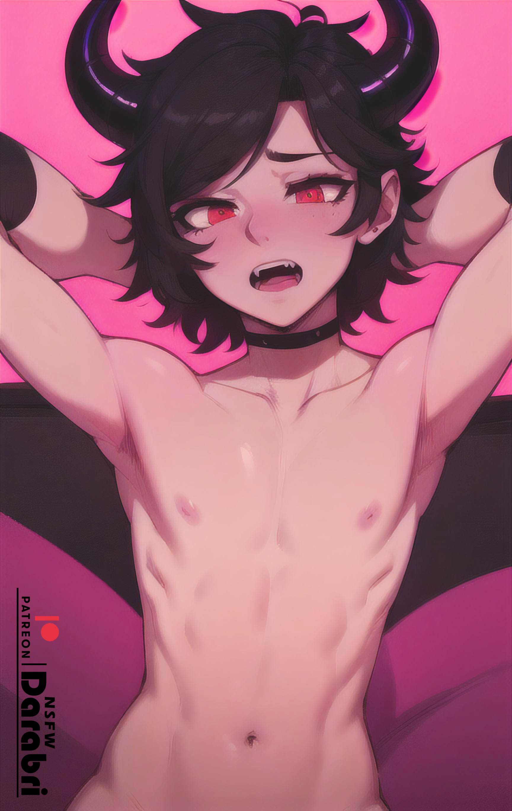1boy, abs, abstract background, absurd res, ai generated, armpits, arms behind back, arms behind head, arms up, black hair, blush, close-up, collar, collarbone, color, colored, concerned, curly hair, cute, cute male, darabri, detailed, ear, femboy, feminine, feminine male, flustered, girly, hi res, horns, logo, looking at viewer, looking down, male, navel, nipples, nude, open mouth, outline, patreon, patreon logo, pink background, red eyes, ribs, sharp teeth, short hair, shoulders, simple background, smooth skin, solo, solo focus, solo male, suggestive, toned, toned body, toned male, tongue, topless, topless male, trap