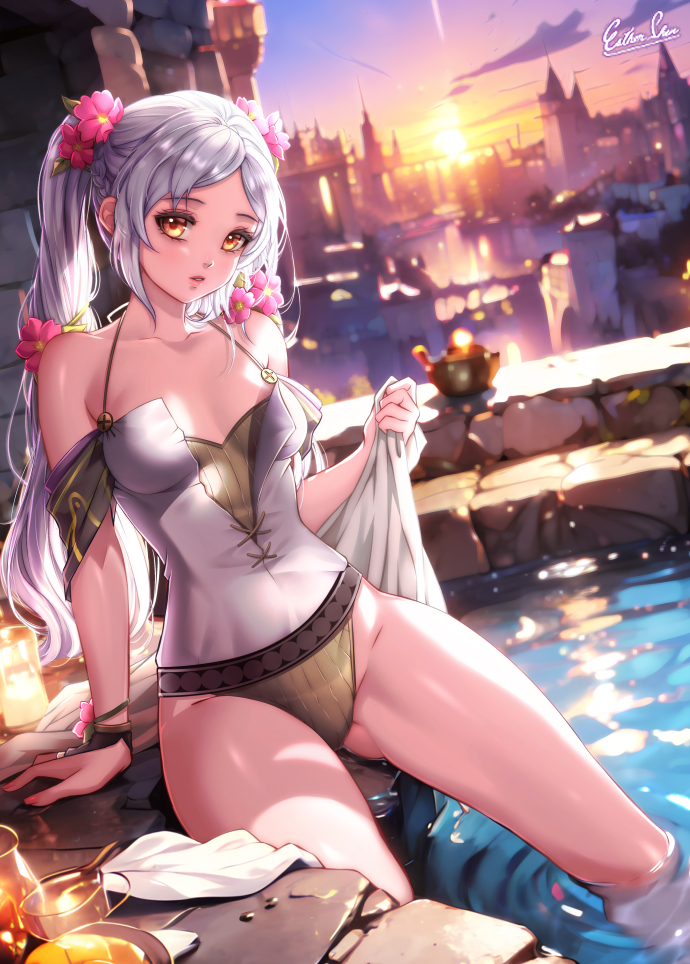 1girls 2023 alternate_costume artist_name breasts brown_one-piece_swimsuit brown_swimsuit detailed_background esther-shen female female_only fire_emblem fire_emblem_awakening flower hair_flower light-skinned_female light_skin long_hair looking_at_viewer medium_breasts nintendo one-piece_swimsuit partially_submerged robin_(fire_emblem) robin_(fire_emblem)_(female) sitting solo sunset swimsuit twintails water watermark white_hair yellow_eyes