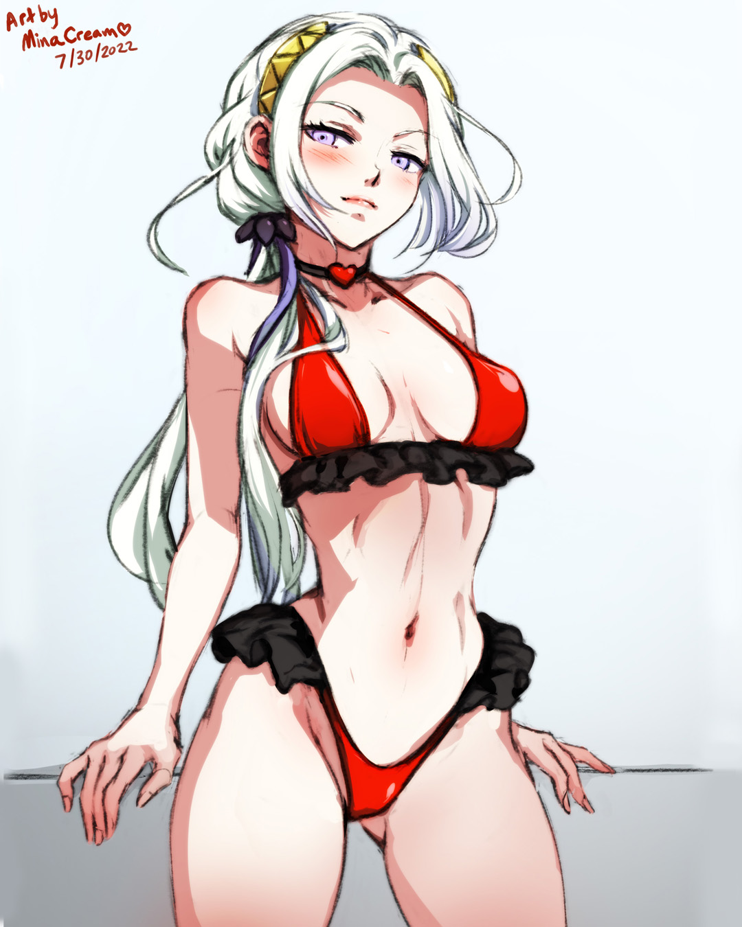 1girls, alternate costume, alternate hairstyle, armor, artist name, ass visible through thighs, bangs, bare arms, bare thighs, bikini, blush, breasts, choker, cleavage, dated, edelgard von hresvelg, female, female only, fire emblem, fire emblem warriors: three hopes, fire emblem: three houses, frilled bikini, frills, fully clothed, hair ribbon, long hair, looking at viewer, medium breasts, minacream, navel, nintendo, official alternate hairstyle, parted bangs, ponytail, purple eyes, red bikini, red swimsuit, revealing clothes, ribbon, sideboob, skimpy clothes, smile, solo, swimsuit, thighs, white hair