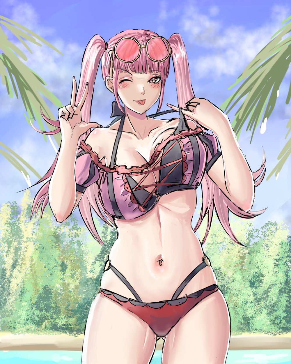 alboeire alternate_costume bikini breasts female female_only fire_emblem fire_emblem:_three_houses fire_emblem_heroes hilda_valentine_goneril hilda_valentine_goneril_(summer) nintendo official_alternate_costume pink_bikini pink_hair pink_swimsuit solo swimsuit