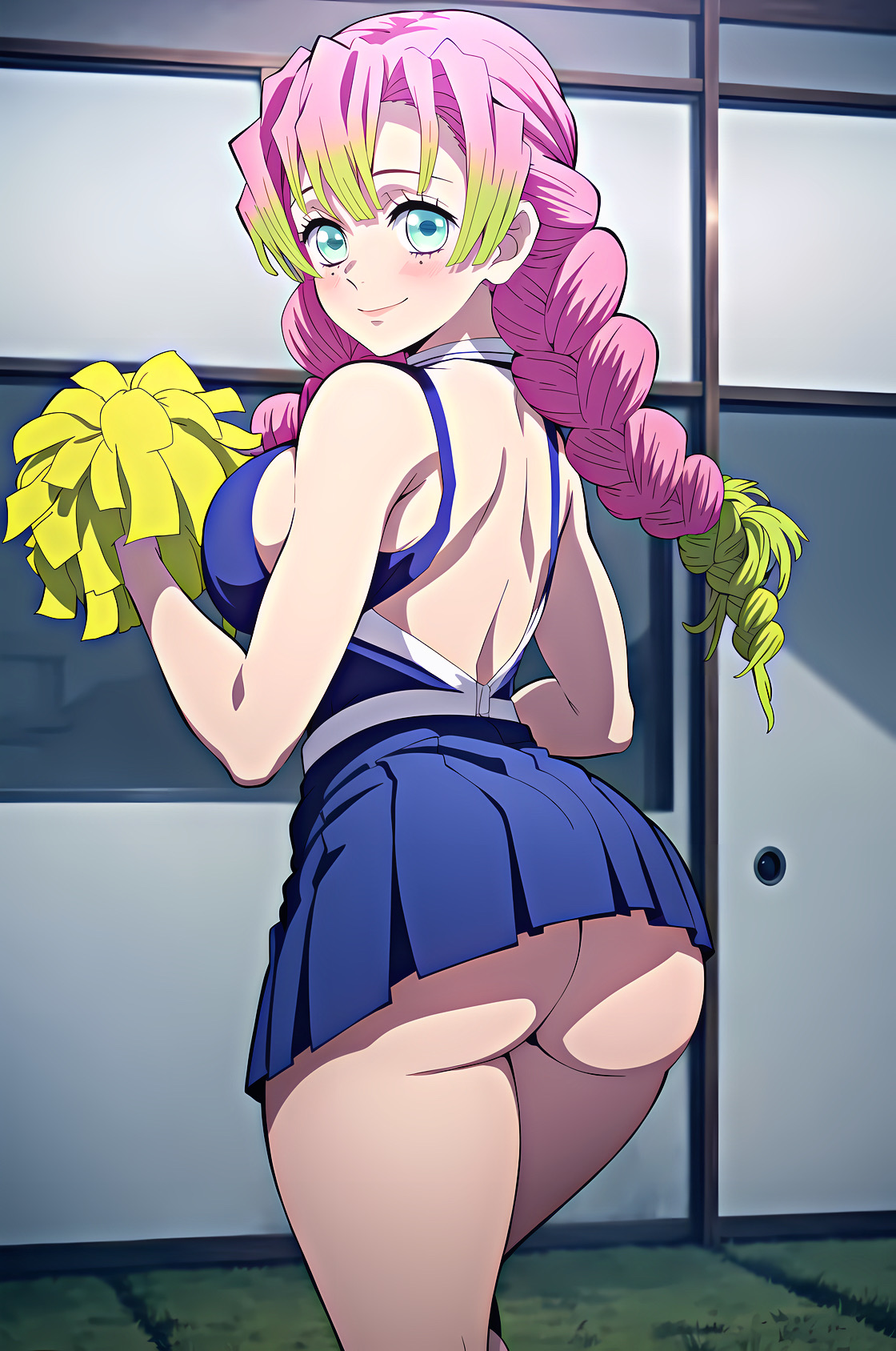 ai generated, big breasts, braid, braided hair, braids, breasts, cheerleader, cheerleader outfit, cheerleader uniform, demon slayer, female, green eyes, green hair, kanroji mitsuri, kimetsu no yaiba, multicolored hair, pink hair, tbaanime, two-tone hair