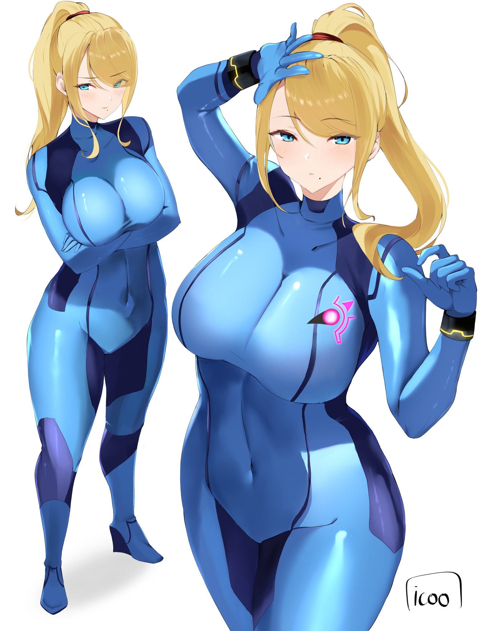 blonde hair, blue eyes, breasts, female, female only, icoo, metroid, nintendo, samus aran, solo, zero suit, zero suit samus
