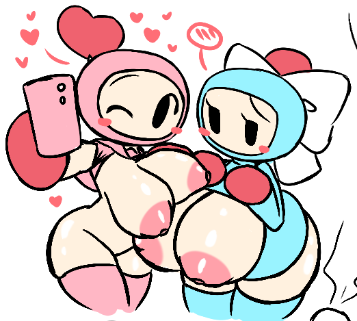 aqua_bomber big_breasts blush bomberman bowtie cellphone incest partially_clothed pink_bomber simple_eyes simple_face sketch thick_thighs thighhighs woebeeme