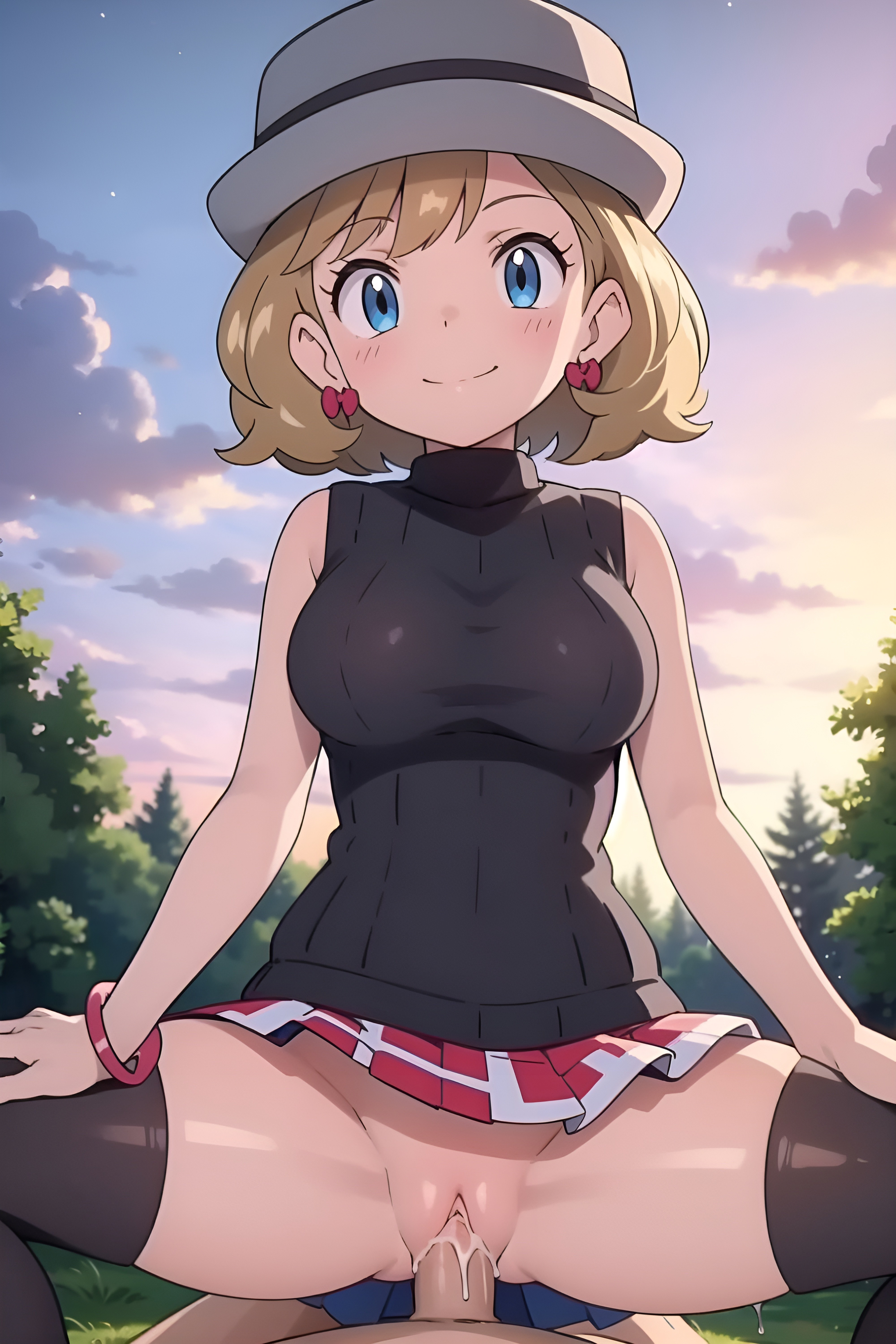 1boy, ai generated, blonde hair, blue eyes, blush, closed mouth, cowgirl position, earrings, female, hat, headwear, hi res, light skin, light-skinned female, looking at viewer, male, no panties, pleated skirt, pokemon, pokemon journeys, pussy, serena (pokemon), sex, skirt, skirt lift, smile, spread legs, turtleneck, vaginal insertion, vaginal penetration, vaginal sex
