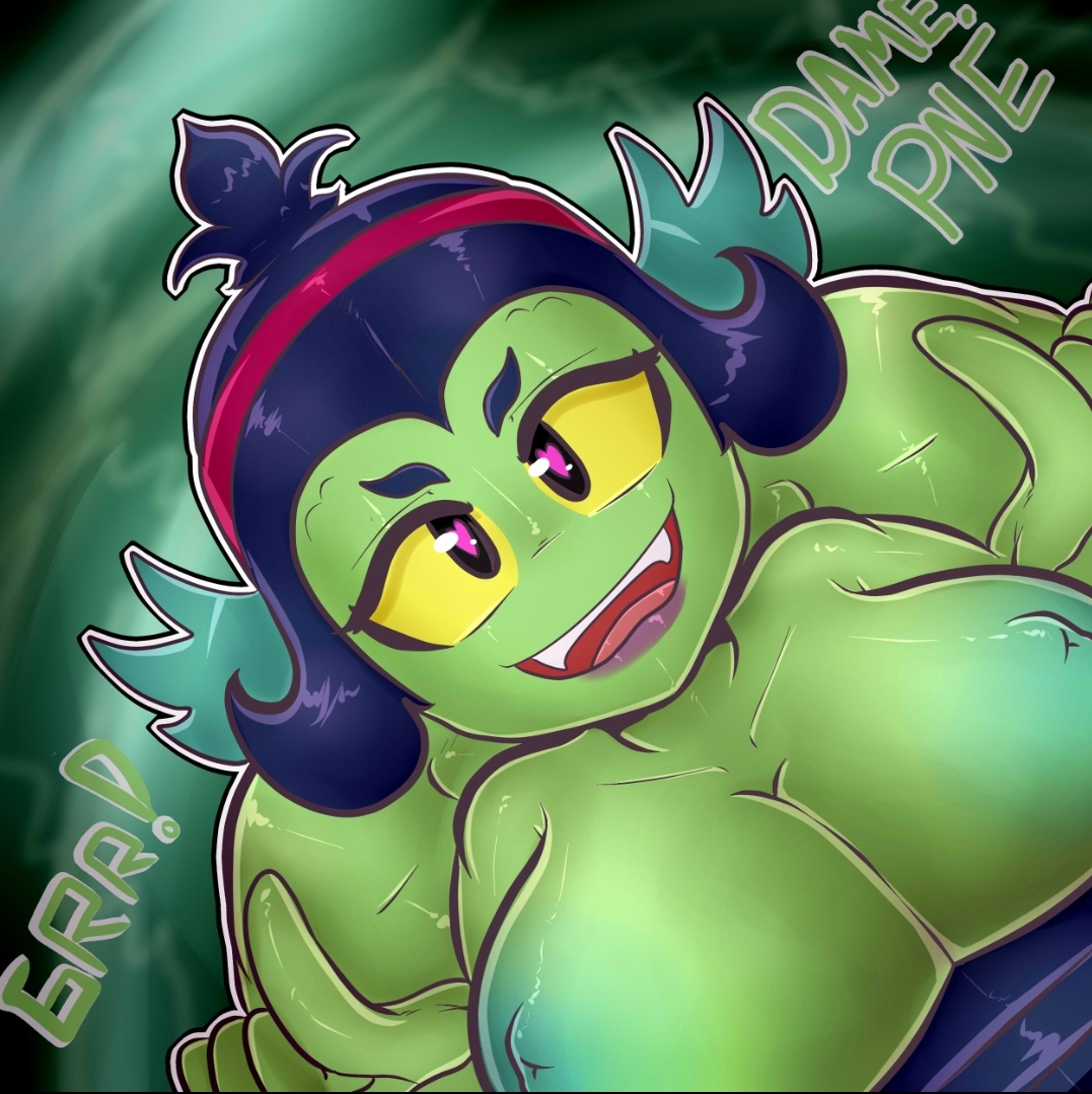 asking for sex, ass, big ass, big breasts, big butt, brawl stars, breasts, female, green skin, heart-shaped pupils, non human, sfcompany1e (artist), spanish text, willow (brawl stars)