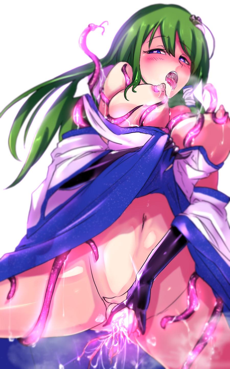 amatou3 blue_eyes corruption dark_persona female frog_hair_ornament green_hair hair_ornament heart heart-shaped_pupils highres japanese_clothes kimono kochiya_sanae long_hair looking_at_viewer nipples open_mouth pubic_tattoo pussy saliva sanae_kochiya solo steam symbol-shaped_pupils tattoo tentacle touhou white_background white_kimono