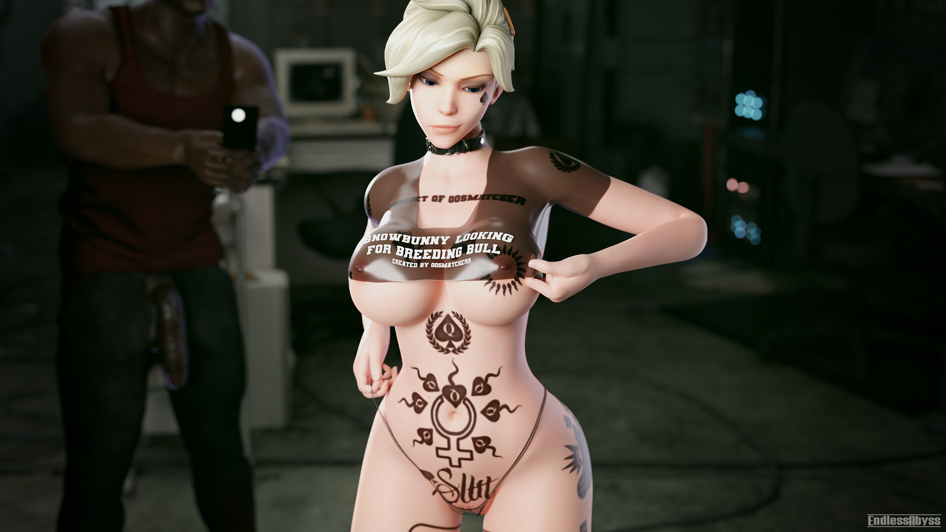 1boy, 1girls, 3d, being watched, big breasts, big penis, blonde female, blonde hair, blue eyes, blue-eyed female, breasts, cellphone, choker, clothing pull, crop top, dark-skinned male, endlessabyss, english text, female, fortnite, fortnite: battle royale, hourglass figure, hourglass figured female, huge cock, human, human only, humiliation, interracial, large breasts, light skin, light-skinned female, male, male/female, mercy, midriff, nipples, nipples visible through clothing, overwatch, penis, penis out, phone, queen of spades, round breasts, see-through clothing, see-through shirt, self upload, slut tattoo, smartphone, snowbunny, standing, taking picture, tattoo on arm, tattoo on belly, tattoo on breast, tattoo on butt, tattoo on chest, tattoo on face, tattoo on legs, tattooed arm, tattoos, text on clothing, text on shirt, text on topwear, tight clothing, transparent clothing, tshirt, underboob, watching, watermark