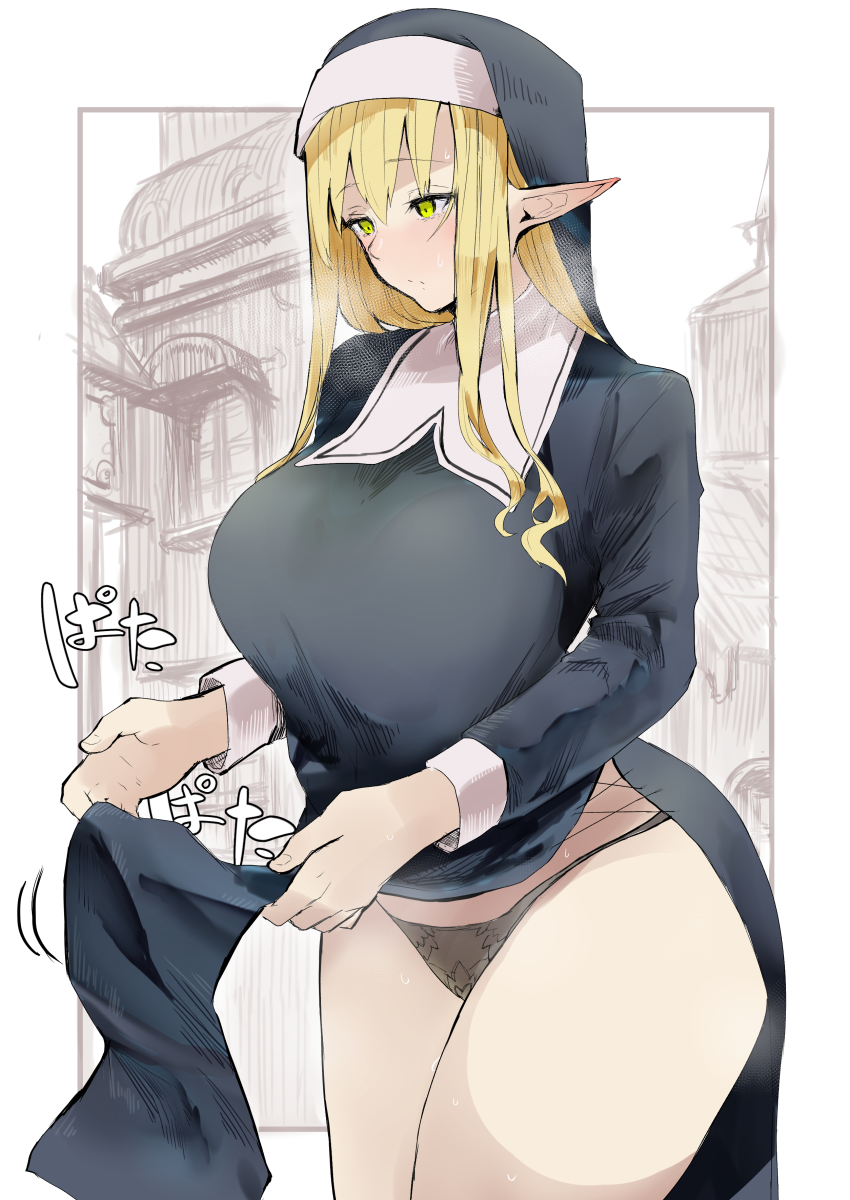 1girls absurdres black_panties blonde_hair breasts elf elf_ears female habit highres kyoyakyo long_hair nun original panties pointy_ears side_slit solo thighs underwear upper_body veil