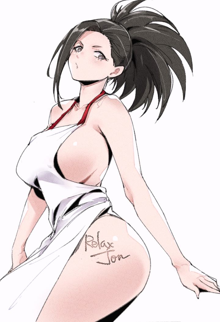 apron_only black_eyes black_hair large_breasts looking_at_viewer momo_yaoyorozu my_hero_academia nude_apron ponytail relaxjon yaoyorozu_momo