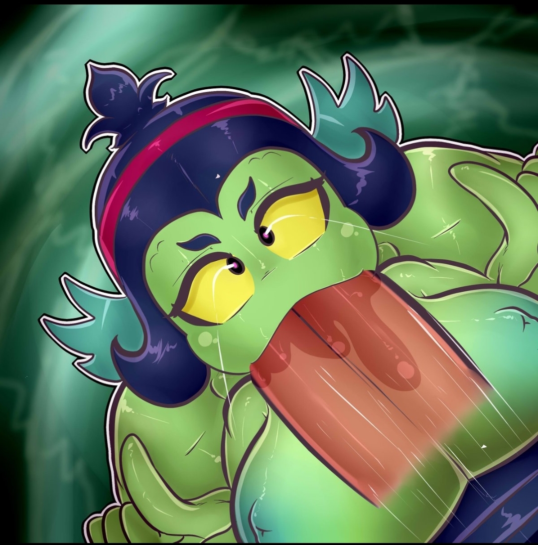 ass, big ass, big breasts, big penis, blowjob, blue hair, brawl stars, breasts, curvaceous, curvy, curvy figure, deepthroat, eyebrows, fat ass, female, green background, green body, green skin, headband, heart-shaped pupils, huge ass, huge cock, humanoid, looking at viewer, looking up, male, naked, naked female, nipples, non-human, nude, nude female, oral, penetration, penis, penis in mouth, sfcompany1e (artist), shoulders, straight, sucking penis, willow (brawl stars), yellow sclera