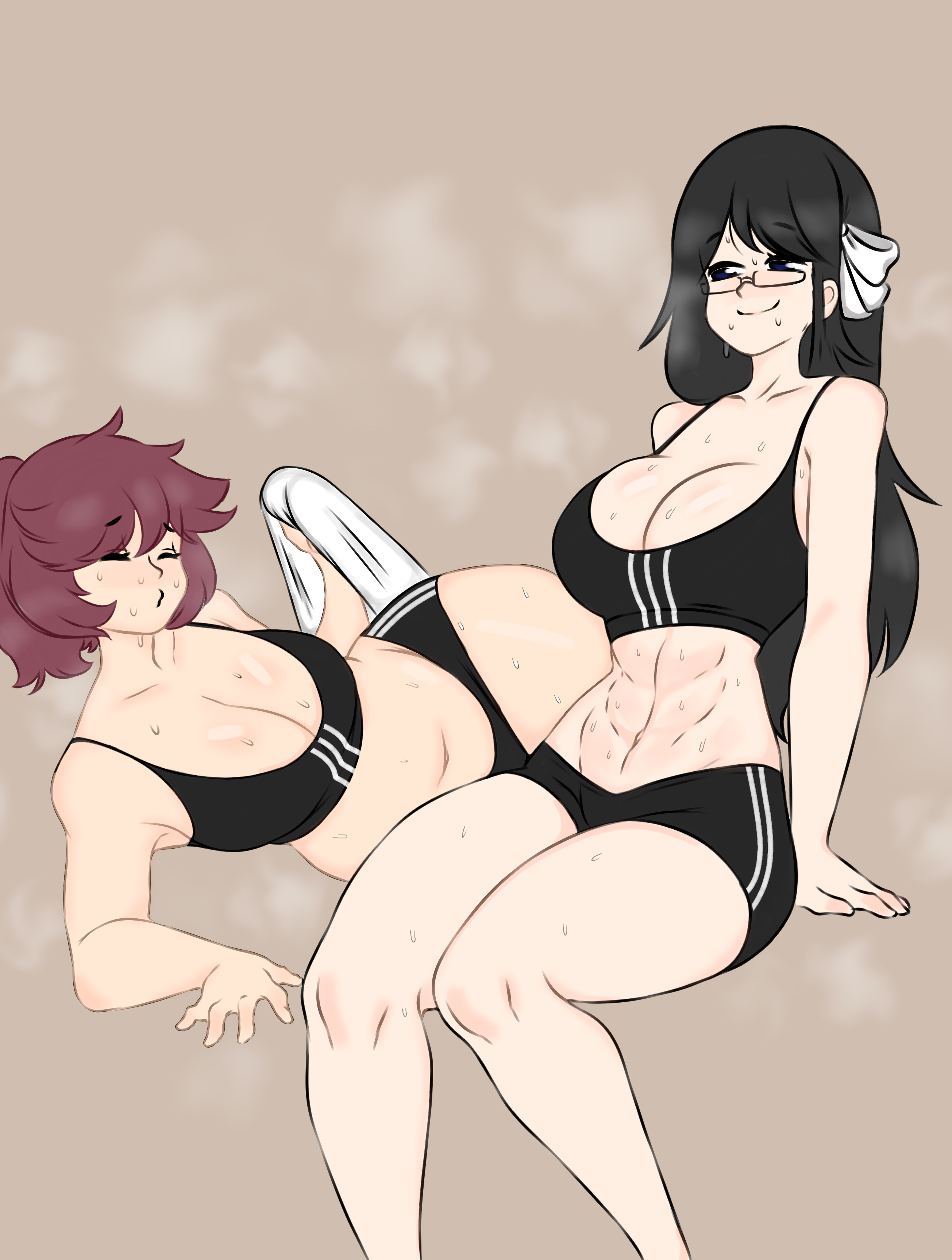2girls, black hair, commission, female, flawsy, glasses, medium support (meme), meme, original, sports bra, sportswear, sweating