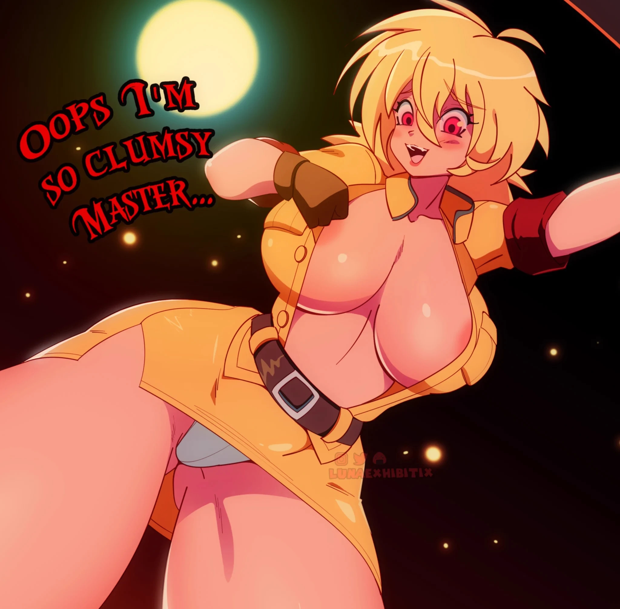 1girls, areolae, big breasts, blonde hair, blush, breasts, eyebrows, eyebrows visible through hair, female, female only, hellsing, hellsing ultimate, large breasts, light skin, light-skinned female, looking at viewer, looking down, lunaexhabbitix, navel, nipple slip, nipples, panties, pink nipples, red eyes, seras victoria, solo, solo female, solo focus, talking to viewer, text, thick thighs, thighs, vampire, white panties