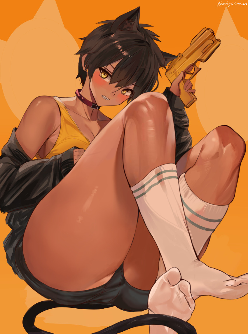 1girls, artist request, black hair, black jacket, breasts, cleavage, curvy, dark, dark skin, dark-skinned female, demon tail, feet, female, highres, holding, holding weapon, jacket, knees up, kurobe natsumi, legs, medium breasts, no shoes, non-web source, senpai ga uzai kouhai no hanashi, short hair, socks, soles, solo, source request, tail, thick thighs, thighs, toes, tomboy, very short hair, weapon, white socks, yellow eyes