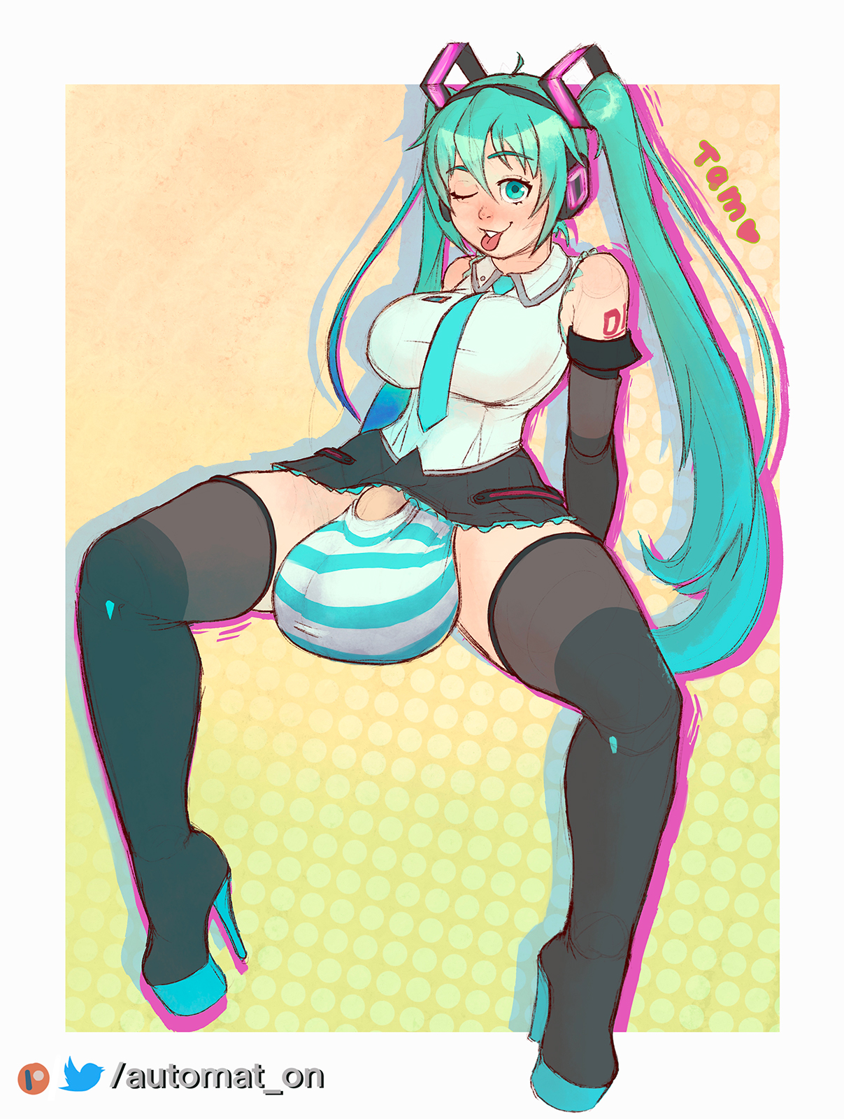 ;p, 1futa, 1girl, ahoge, aqua eyes, aqua hair, aqua necktie, arms behind back, automat-on, balls, balls in panties, balls under clothes, bare shoulders, big balls, big breasts, black skirt, black thighhighs, blue eyes, blue hair, blush, boots, breasts, bulge, clothed, clothing, detached sleeves, flaccid, full body, futa only, futanari, hatsune miku, headphones, high heel boots, high heels, horny, huge balls, human, intersex, large breasts, large penis, large testicles, light skin, light-skinned futa, long hair, miniskirt, mostly clothed, necktie, newhalf, one eye closed, oversized balls, panties, penis, penis under clothes, platform heels, polka dot background, shirt, sitting, skirt, solo, spread legs, stiletto heels, striped, striped panties, tattoo, testicles, thick thighs, thigh boots, thighhighs, thighs, tie, tongue, tongue out, twintails, underwear, very long hair, vocaloid