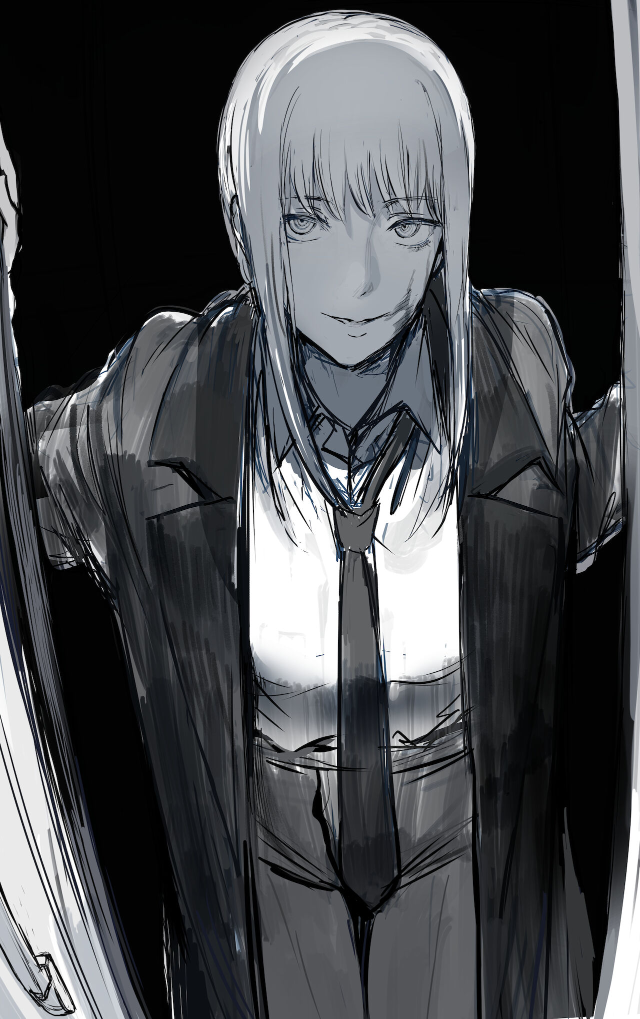 chainsaw man, hews hack, looking at viewer, makima (chainsaw man), monochrome, outfit, smiling