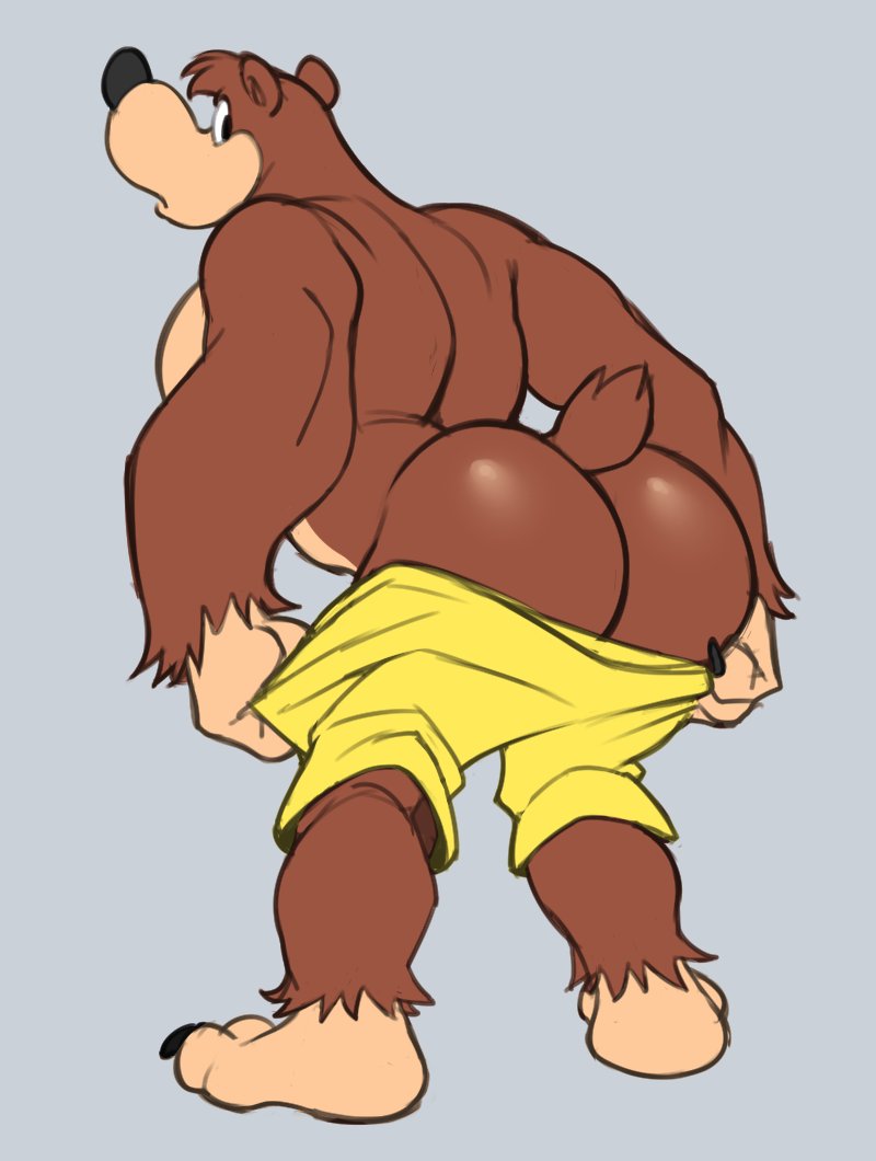 1boy 2023 analon_(artist) anthro ass banjo-kazooie banjo_(banjo-kazooie) barefoot bear bent_over big_butt bottomwear bubble_butt claws clothed clothing feet fur furry furry_only gay grey_background looking_back male male_only mammal mooning muscular muscular_anthro muscular_male partially_clothed rareware rear_view shorts shorts_down simple_background solo standing toomanyboners topless topless_anthro topless_male tuft undressing yaoi