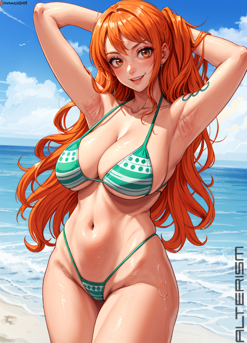 ai_generated alterism big_breasts bikini bikini_bottom bikini_top breasts brown_eyes female female_focus female_only green_bikini highleg hourglass_figure large_breasts light-skinned_female light_skin midriff nami navel no_pants one_piece orange_hair post-timeskip solo stable_diffusion tattoo thick_thighs thong wet