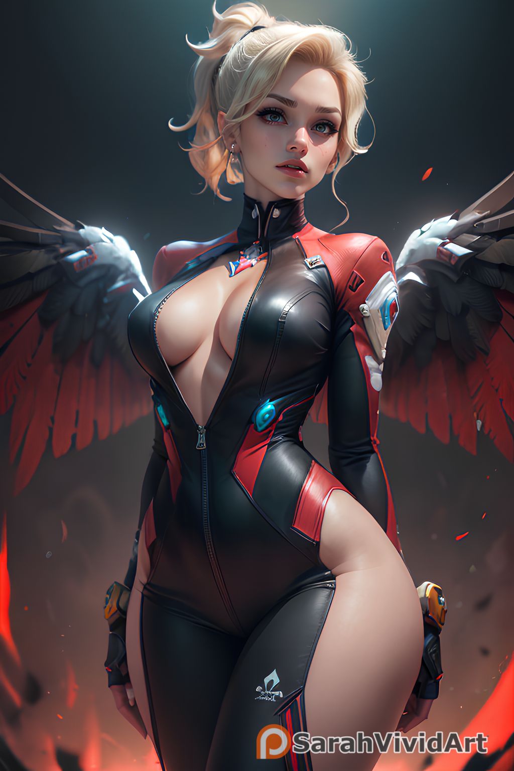 1girls, 2:3, ai generated, ai hands, alternate costume, artist upload, black wings, blonde hair, blue eyes, cleavage, clothed, cowboy shot, detailed, feathered wings, female, female only, high quality, impossible clothes, long hair, looking at viewer, mercy, multicolored wings, overwatch, overwatch 2, patreon, patreon username, pose, red wings, sarahvividart, seductive, self upload, skin tight, solo, source request, standing, unzipped, unzipped bodysuit, wings