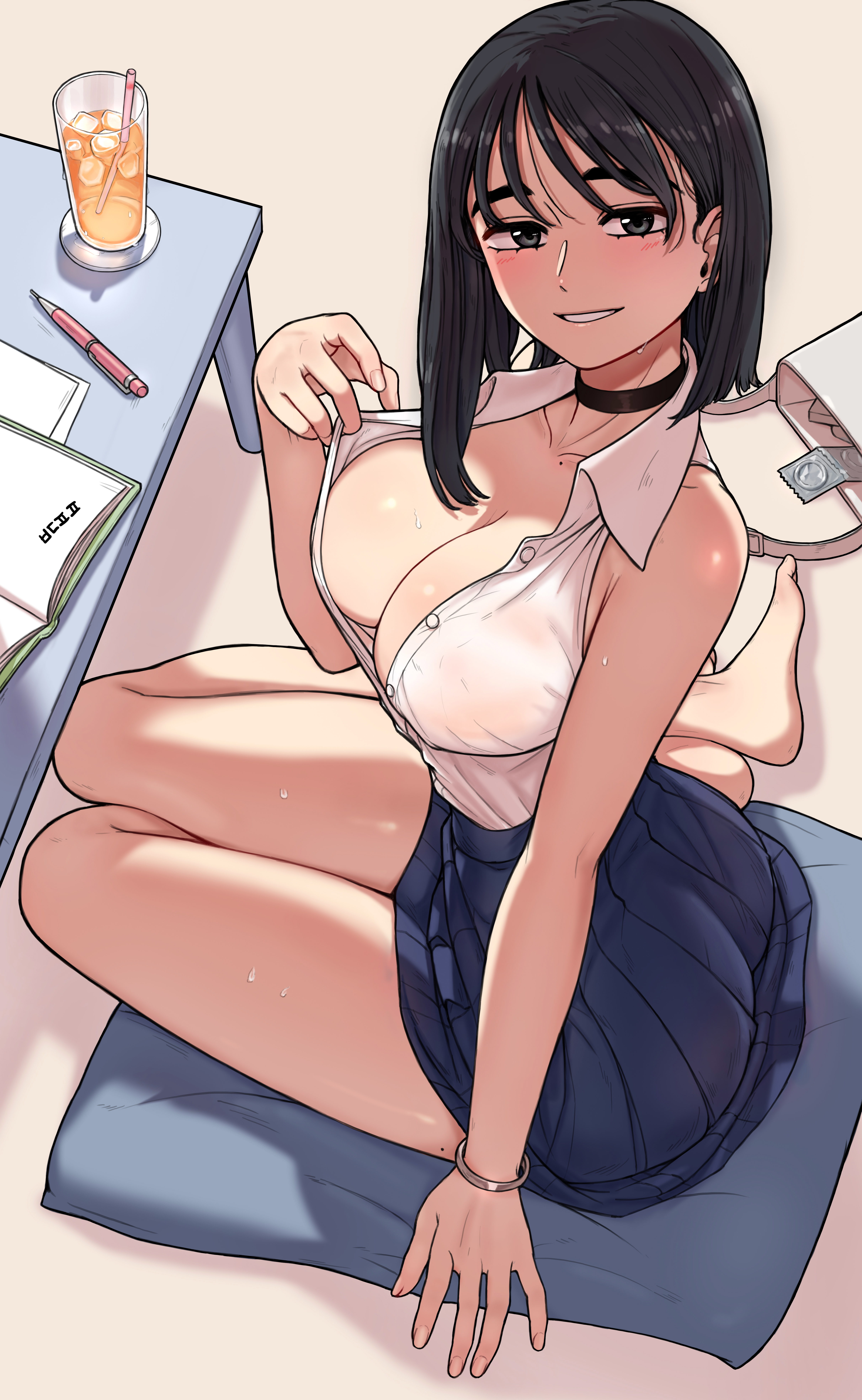 1girls, bare legs, bare thighs, bdpp, black hair, breasts, byunsang (artist), choker, cleavage, condom, drink, female, female only, homework, inviting, inviting to sex, looking at viewer, original, seductive, seductive look, seductive smile, skirt, smile, sweat, table, teasing, teasing viewer, thighs, unbuttoned, unbuttoned shirt