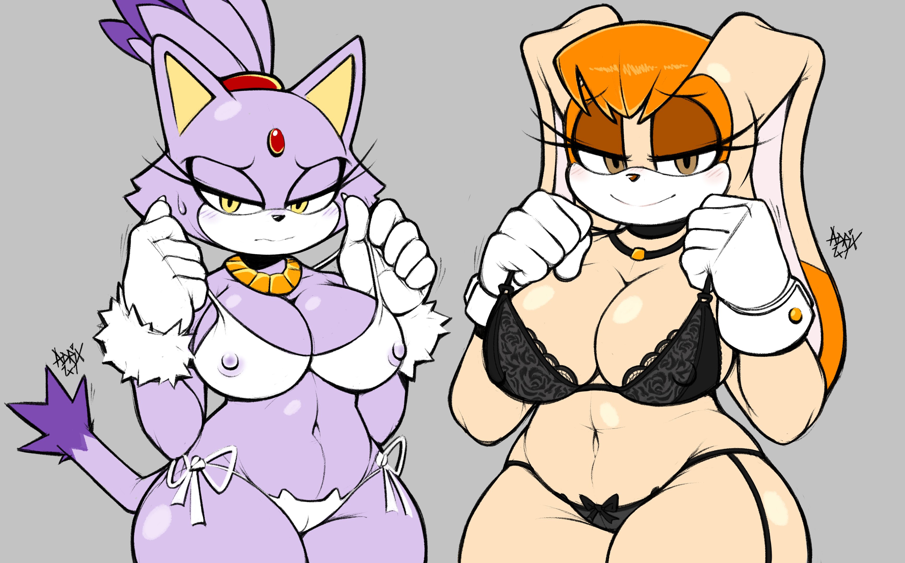 2023, 2girls, a1x1az, big breasts, bikini, black bra, black panties, blaze the cat, blush, bra, breasts, brown eyes, brown hair, cleavage, collar, feline, female, female only, gloves, grey background, legs together, matching underwear, navel, nipple bulge, nipples visible through clothing, panties, purple fur, purple hair, pussy, pussy peek, rabbit, sega, sonic (series), sonic the hedgehog (series), tail, tan fur, thick thighs, thighs, vanilla the rabbit, white bikini, wide hips, yellow eyes