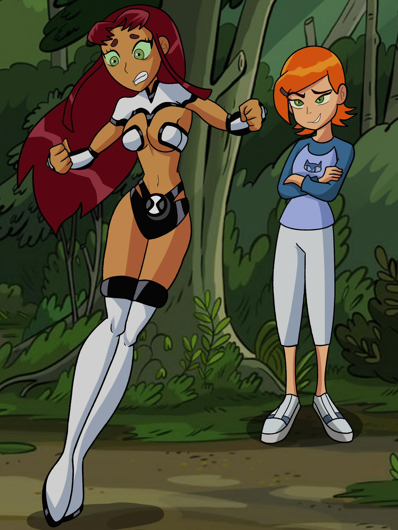 2girls alien ben_10 ben_tennyson benfire bikini crossover dc dc_comics female female_ben female_only genderswap_(mtf) gwen_tennyson micro omnitrix red_hair redhead rule_63 starfire tamaranean teen_titans