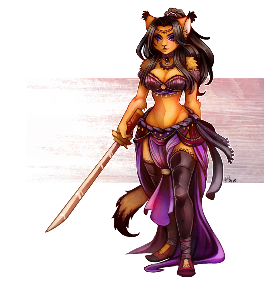 arabian_clothes belly_dancer belly_dancer_outfit black_hair blue_eyes cat_ears cat_tail catgirl choker cleavage clover-teapot furry harem_girl harem_outfit holding_weapon large_breasts loincloth long_hair orange_fur original original_character slippers thighhighs warrior