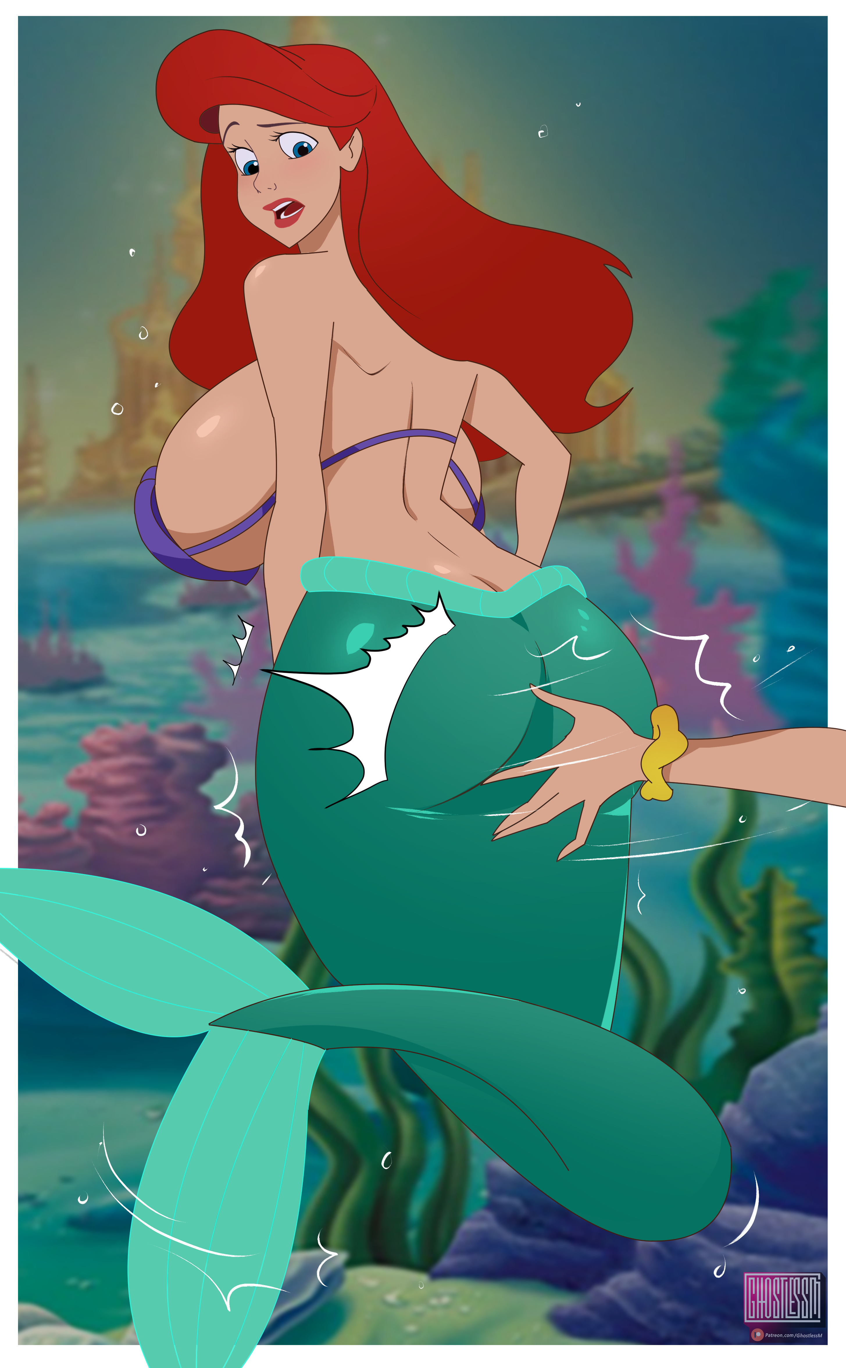 2023, 2girls, ariel, ariel (the little mermaid), ass, ass slap, back view, big ass, big breasts, big butt, blue eyes, bra, breasts, disney, disney princess, female, female only, ghostlessm, huge breasts, humanoid, large breasts, merfolk, mermaid, mermaid tail, ocean, offscreen character, princess, red hair, redhead, sea, seashell bra, sideboob, slapping ass, slapping butt, spanking, teenage girl, the little mermaid, the little mermaid (1989 film), underwater, water