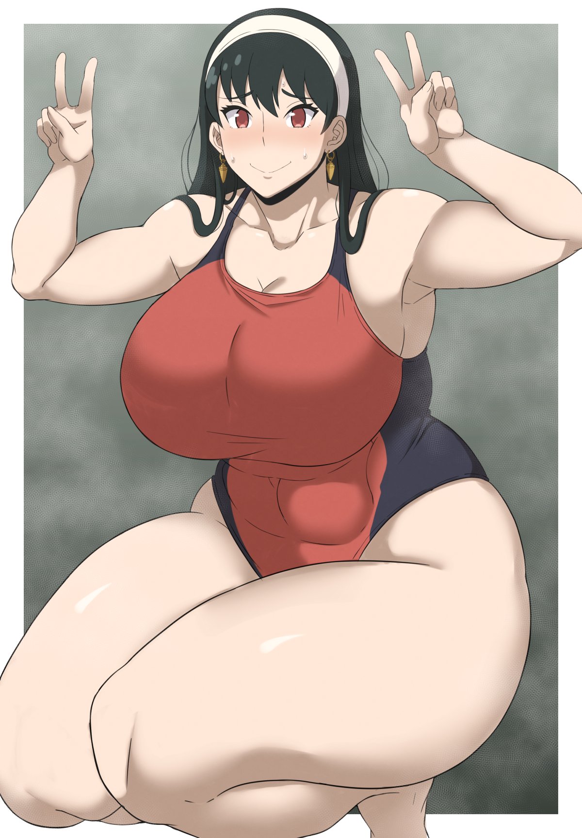 1girls, black hair, blush, breasts, competition swimsuit, embarrassed, female, highleg swimsuit, huge breasts, light skin, light-skinned female, long hair, massive breasts, nervous, one-piece swimsuit, oryuto, peace sign, red eyes, spy x family, swimsuit, thick thighs, thighs, thunder thighs, yor briar, yor forger