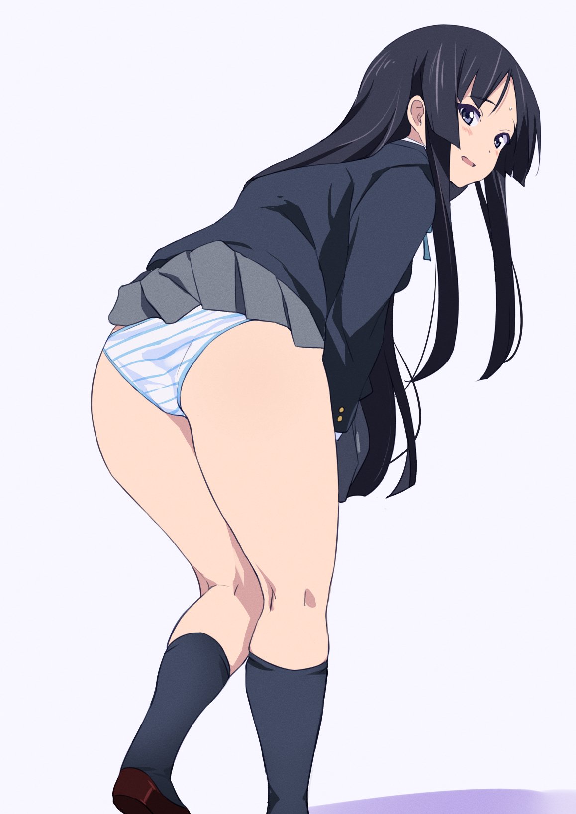 black_socks butt butt_focus embarrassed facing_away huge_thighs k-on! knee_socks kneehighs kneesocks looking_back mio_akiyama_(k-on!) panties slouching socks striped_panties thick_thighs wide_hips