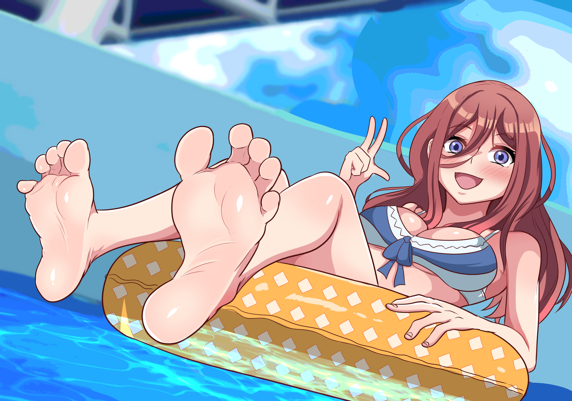 artofadam, blue eyes, blush, breasts, brown hair, feet, female, foot fetish, go-toubun no hanayome, long hair, looking at viewer, nakano miku, open mouth, smile, soles, swimsuit, toes