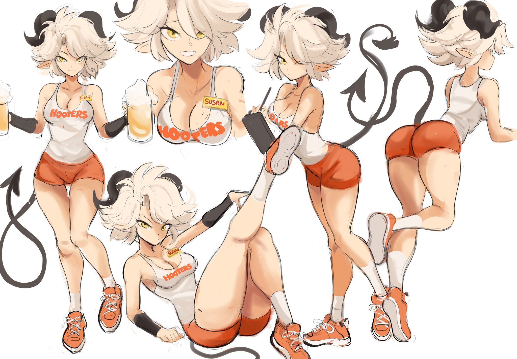 1girls, beer, beer mug, booty shorts, cleavage, female, golden eyes, hooters, horns, original, rakeemspoon, susan (rakeemspoon), tail, white hair