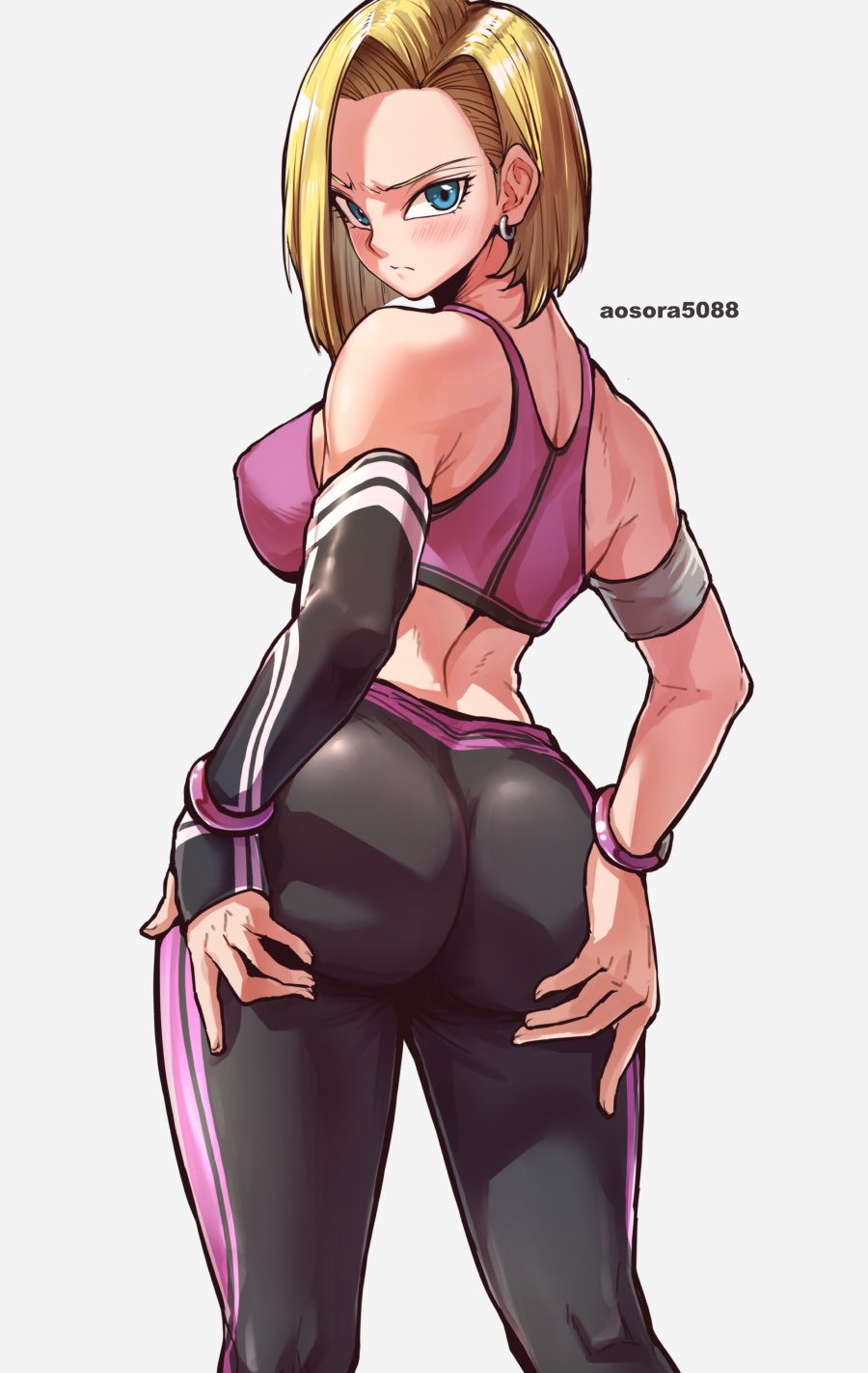 1girls, android 18, aosora, ass, ass focus, back, back view, big ass, big breasts, blonde hair, blue eyes, breasts, dragon ball, dragon ball z, fat ass, female, gym clothes, light skin, light-skinned female, looking at viewer, looking back, short hair, showing ass, showing off, solo, sports bra, sportswear, standing, wide hips, yoga pants
