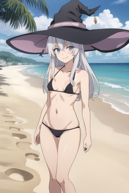 1girls ai_generated beach bikini black_bikini blue_eyes elaina_(majo_no_tabitabi) looking_at_viewer majo_no_tabitabi palm_tree partially_nude petite sand seductive small_breasts smile standing thighs water white_hair witch_hat